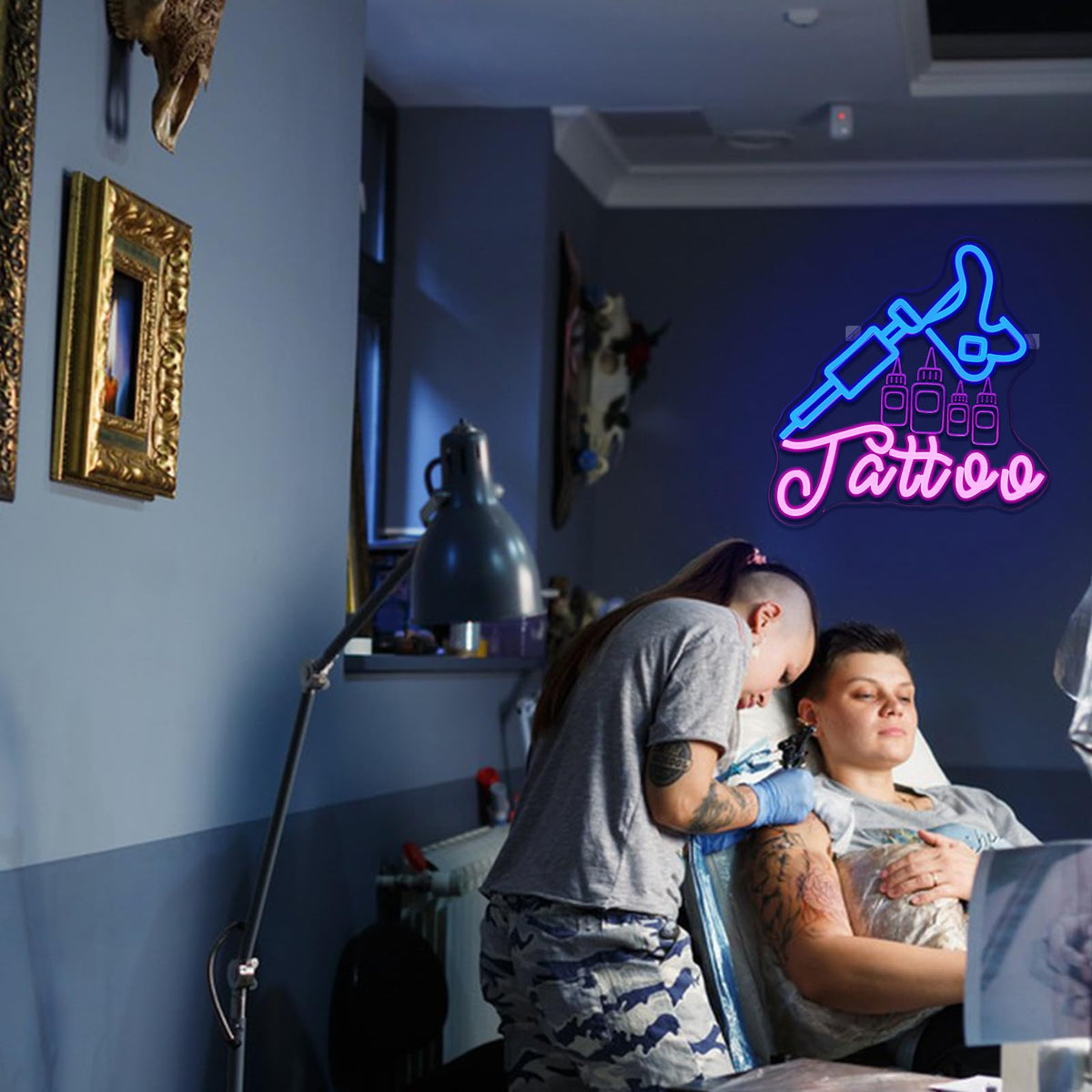Runalosa Tattoo Neon Sign for Business Dimmable Blue Pink Girl Neon Light Sign Letters Led Signs for Wall Decor Man Cave Beauty Salon Shop Plaque Tattoo Studio Decoration 13.5" x 12.4"