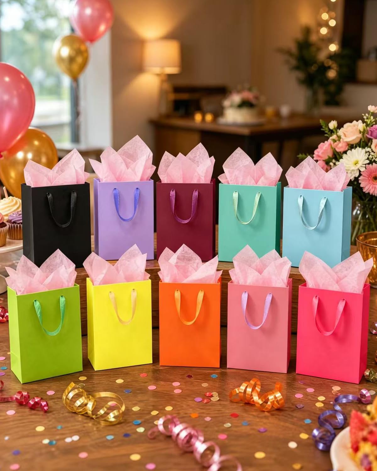 qiqee 16PCS 16 Colors Mini Gift Bags with Tissue Paper Handles 6.3"x4.7"x2.4" Small Size Present Party Favor Bags( Tissue Paper )