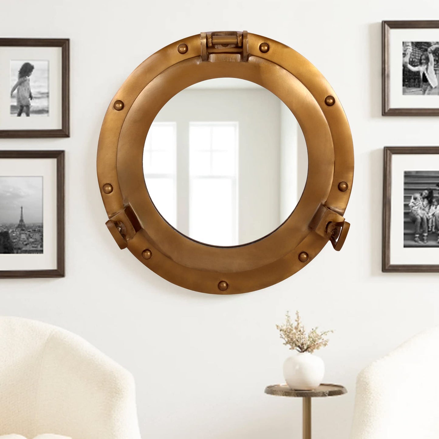 Handcrafted Trading Co. 11 Inch Nautical Aluminum Ship Porthole Mirror Antique Finish – Large Decorative Hanging Wall Mirror for Bathroom Living Room Office Decor