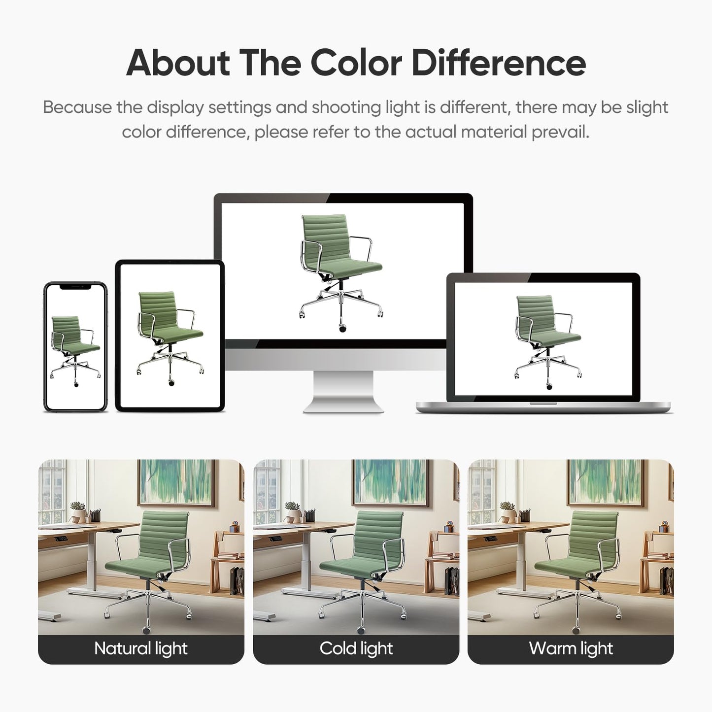 OTDMEL Ribbed Office Chair with Top Grain Leather - Mid Back Ergonomic Desk Chair with Aluminum Arms & Frame, Swivel Wheels & Tilt Function, Adjustable Height Light Green