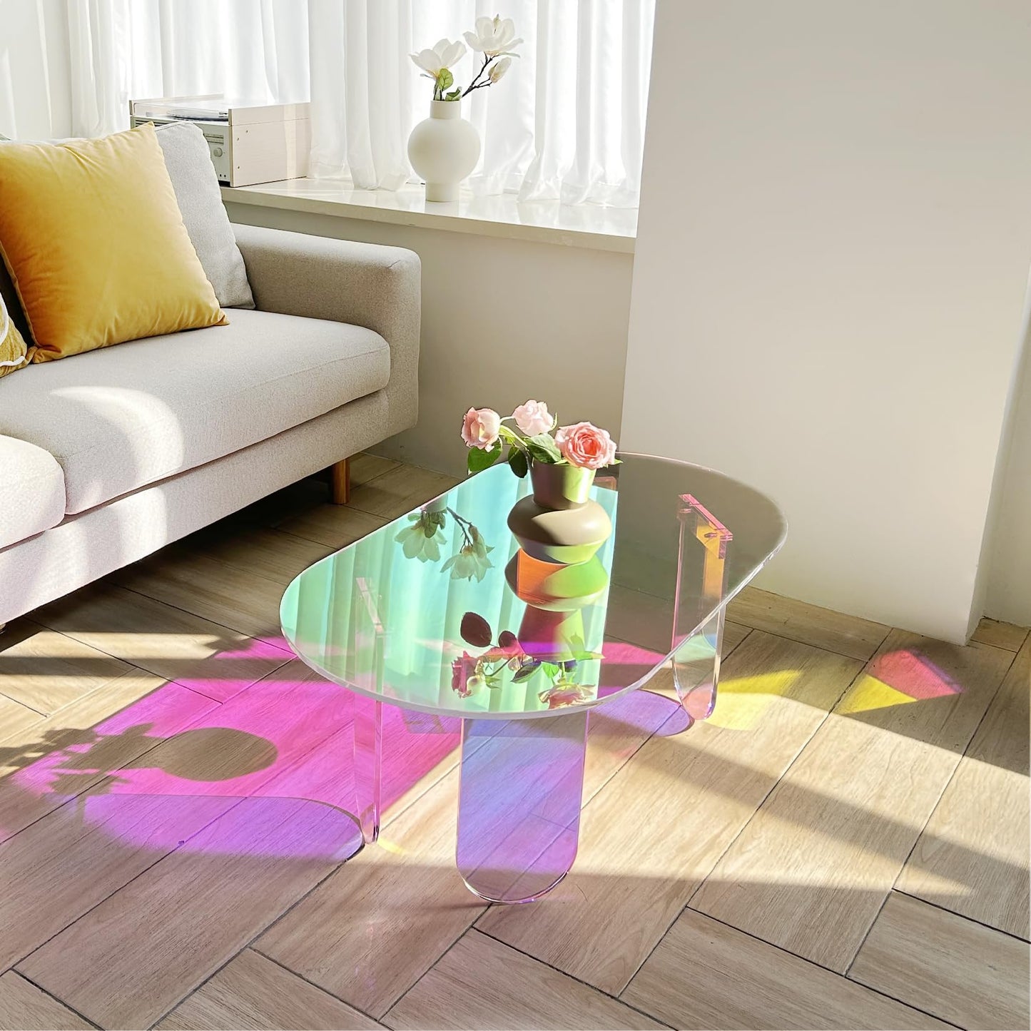 Artloge Iridescent Acrylic Coffee Table: Colorful Small Accent Clear Table