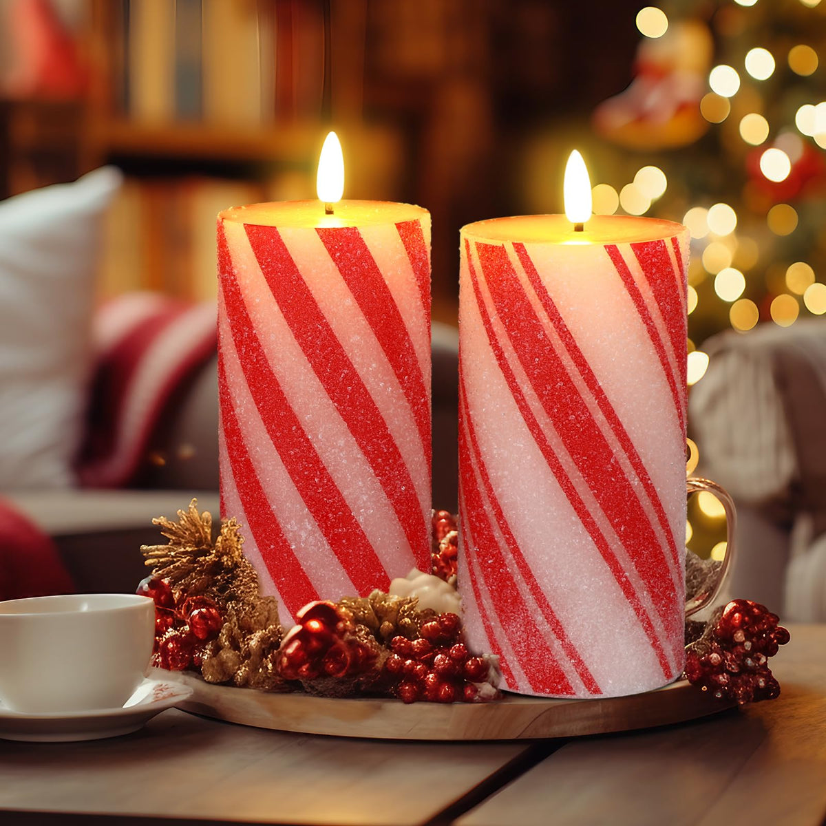 Glooglitter Set of 3 Christmas Flameless LED Candle Frosting Candy Cane Stripe Holiday Pillar Taper Moving Candles Battery Operated Flame Candle with Remote Control for Home Xmas Wedding Decoration
