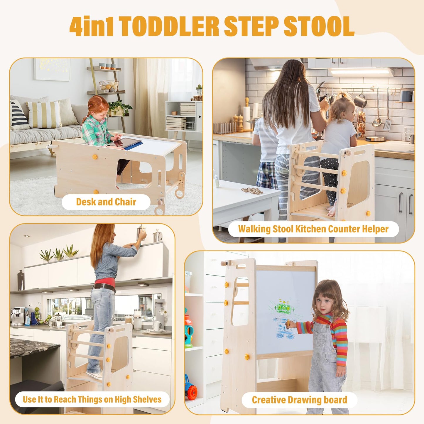 Gewitt Toddler Standing Tower, 4 in 1 Kitchen Stool Helper with Whiteboard, Kids Step Stool with Convertible Table and Chair, Toddler Helper Tower with Adjustable Height for Counter,Sink