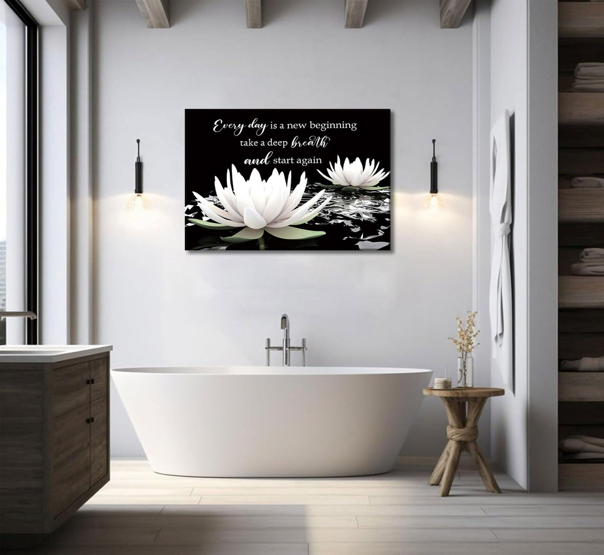 Zen White Lotus Canvas Wall Art On In Water Blooming White Lotus Picture Wall Decor Spiritual Meditation Poster Print Painting for Bathroom Room Modern Yoga Spiritual Spa Living Bedroom Decoration