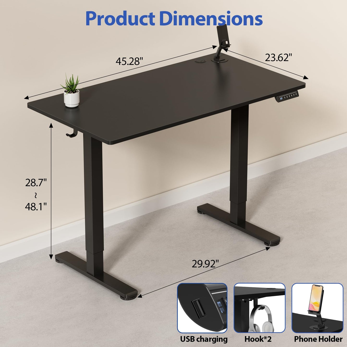 YESHOMY Height Adjustable Electric Standing Desk, 46 x 24 Inches Memory Home Office Sit Stand up Desk with Phone Holder and USB Charging Port, Black