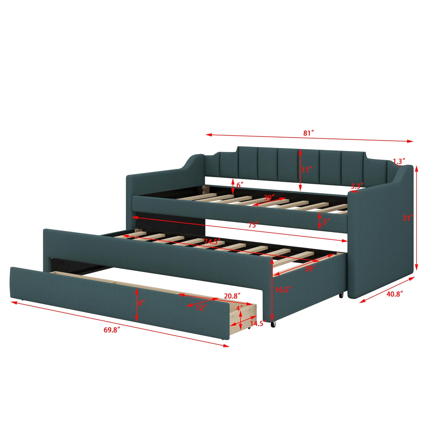 YunNianYang Twin Size Upholstered Daybed with Trundle and Three Drawers (Green)