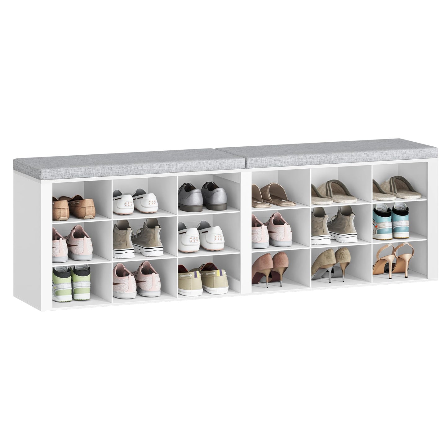 Hzuaneri Shoe Storage Bench with Cushion, Entryway Storage Bench with 18 Cubbies, 9.5" Widened Organizer Cabinet, Long Cubby Rack for Living Room, Bedroom, Entryway, White SB25703GY