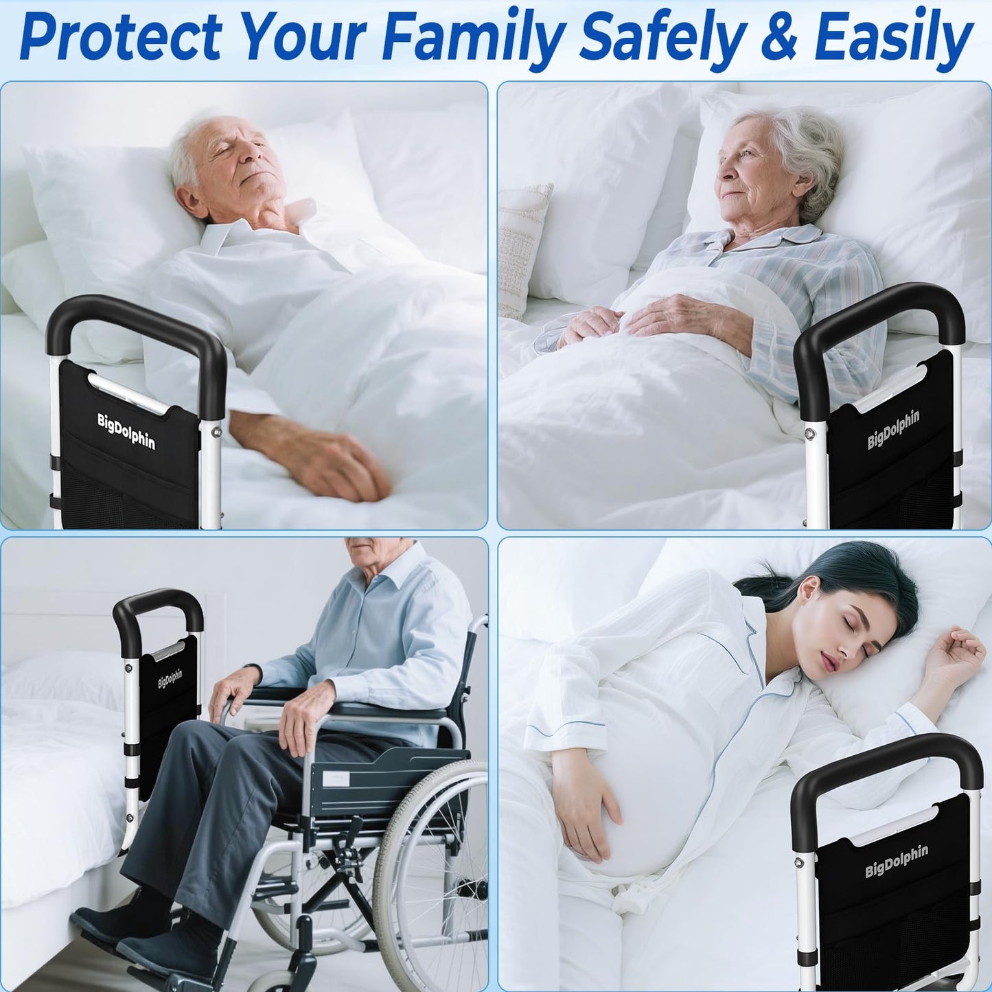 BigDolphin Bed Rails for Elderly Adults Safety - ASTM Approved Adjustable Bed Cane with Non-Slip Ergonomic Handle & Storage Pocket, Bed Railings for Seniors Support 400 LBS, Tool-Free