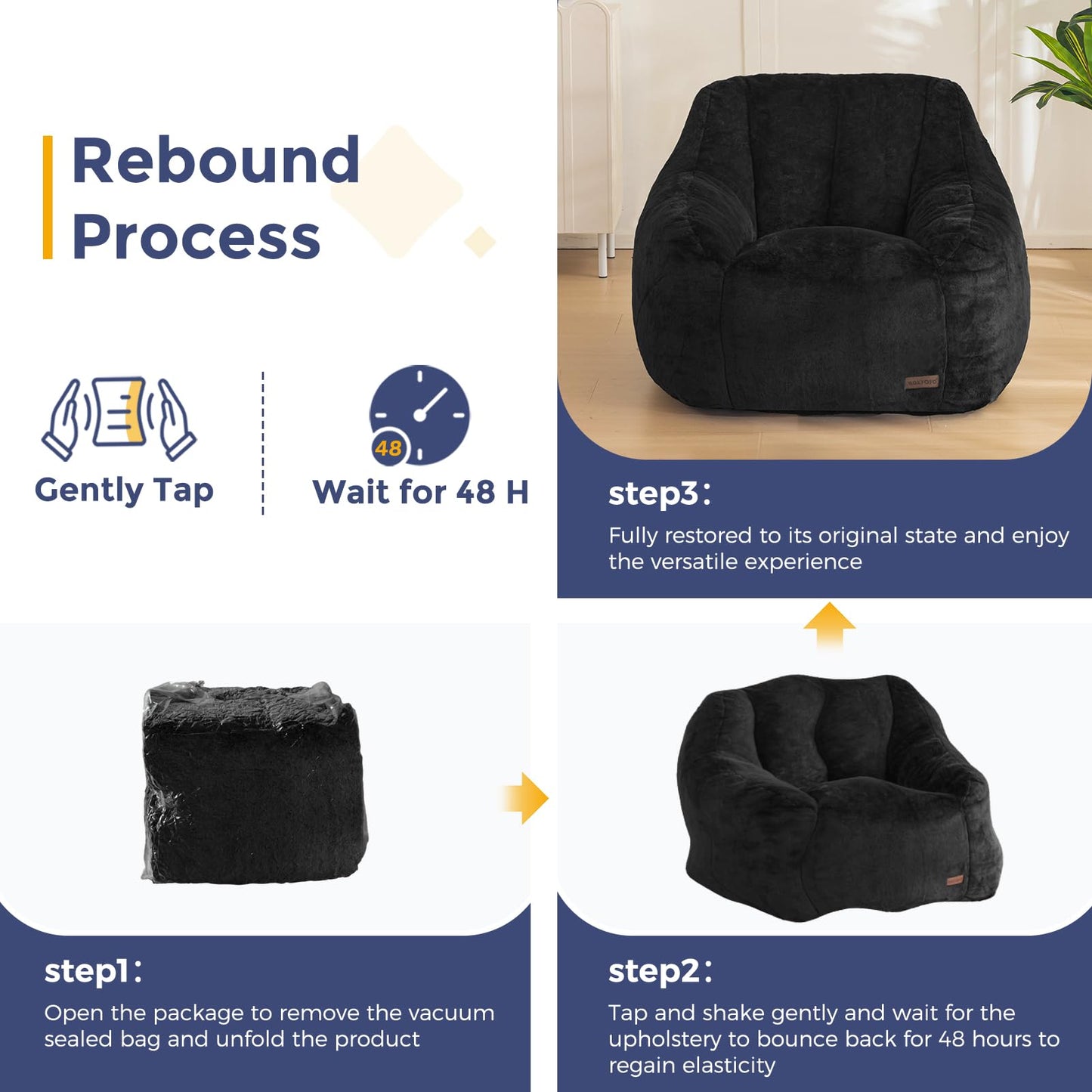 MAXYOYO Bean Bag Chair, Comfy Bean Bag Sofa with Back Support, Faux Fur Bean Bag Chair for Adults and Kids, Stuffed Floor Sofa for Living Room, Bedroom, Apartment, Black