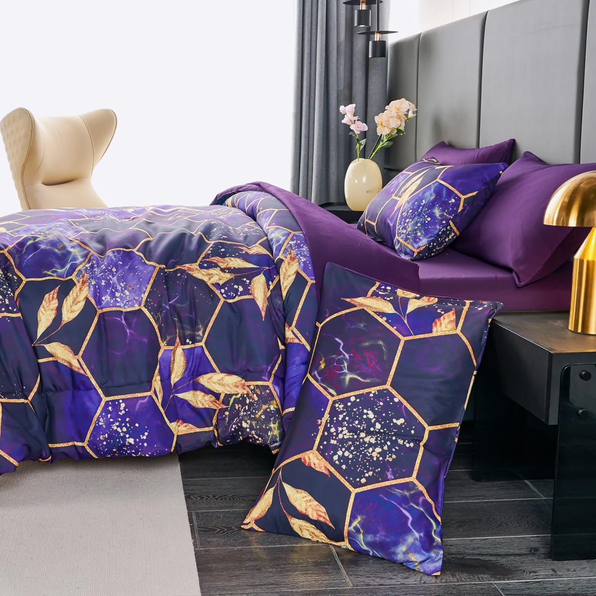 ZRNBAST 7 PC Honeycomb Purple Comforter Set with Sheets King Size Marble Comforter Bedding Sets Modern All Season Bed in a Bag for Women Men (Purple, King)