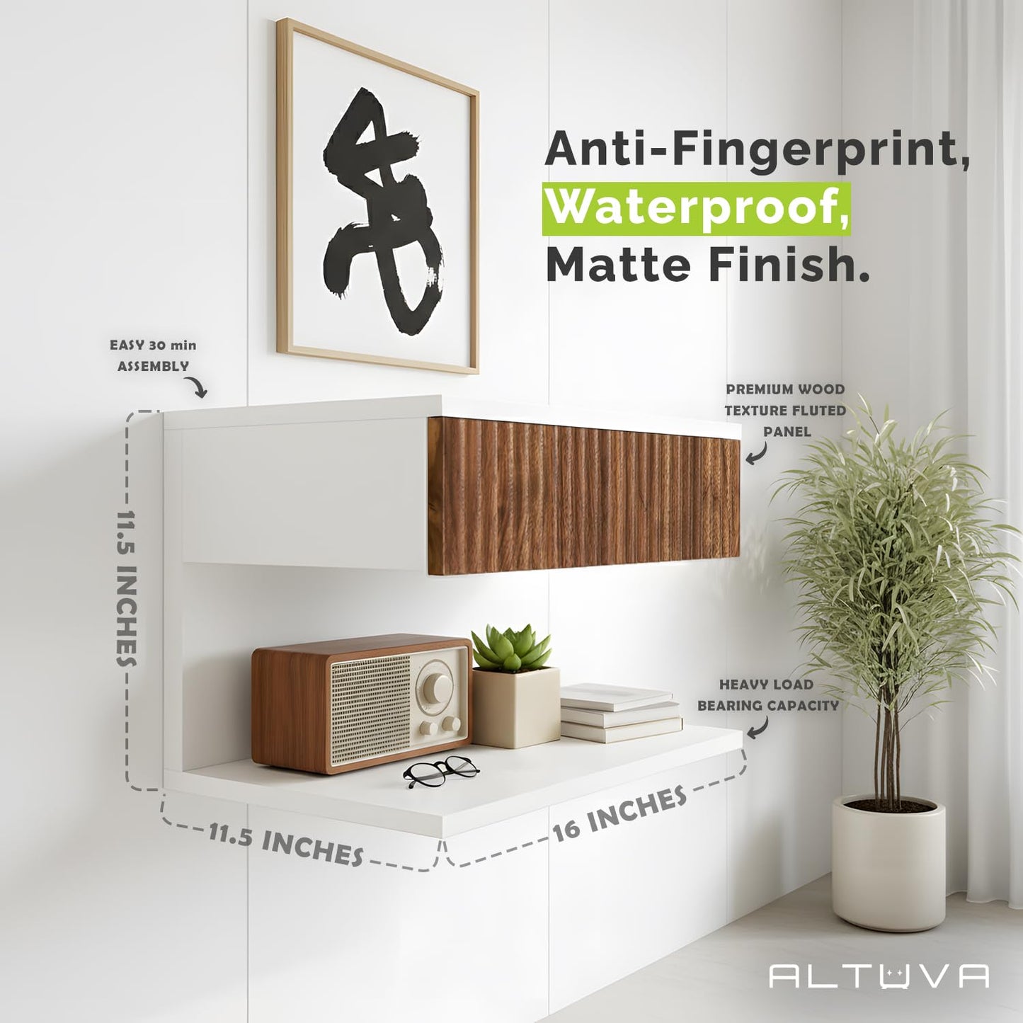 ALTUVA - Floating Nightstand Set of 2 with Charging Station – Modern White Wall Mounted Bedside Tables with Walnut Fluted Drawers – Mid Century Nightstands for Bedroom, Small Spaces, Retro MCM Style