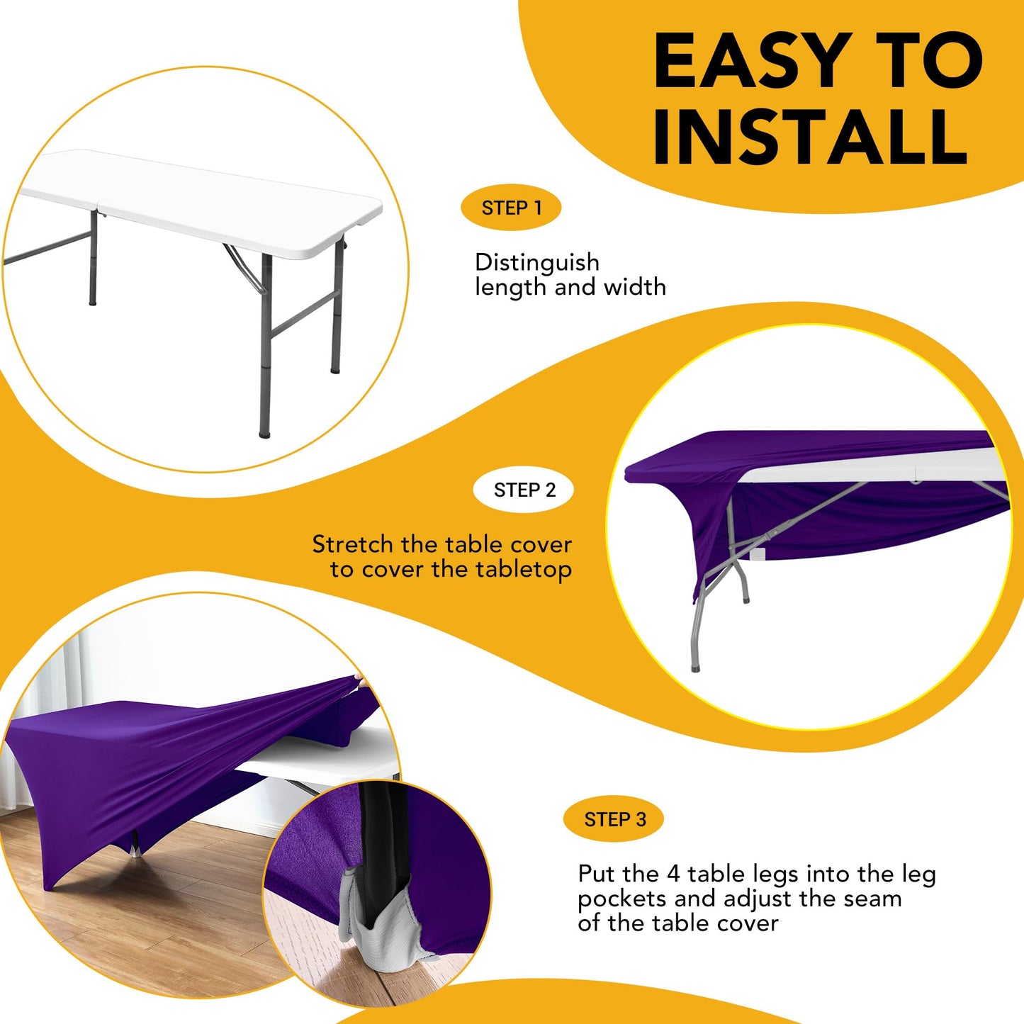 Dailyset 6-Pack Premium Purple Spandex Tablecloths for 6ft Rectangle Tables, Stain & Wrinkle-Resistant, Washable Stretch Polyester Fitted Table Cover for Weddings, Banquets, Trade Shows Events