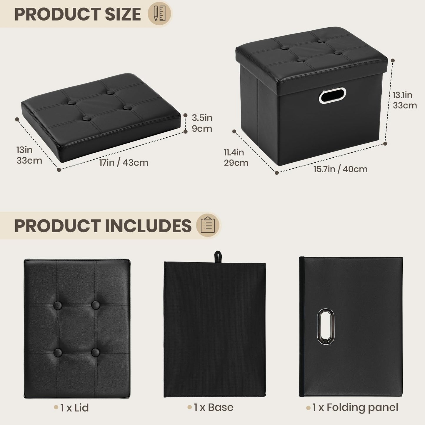 COSYLAND Ottoman with Storage Folding Leather Ottoman Footrest Foot Stool Black Ottoman for Room Small Rectangle Collapsible Bench Furniture with Handles Lid Toy Chest 17x13x13in