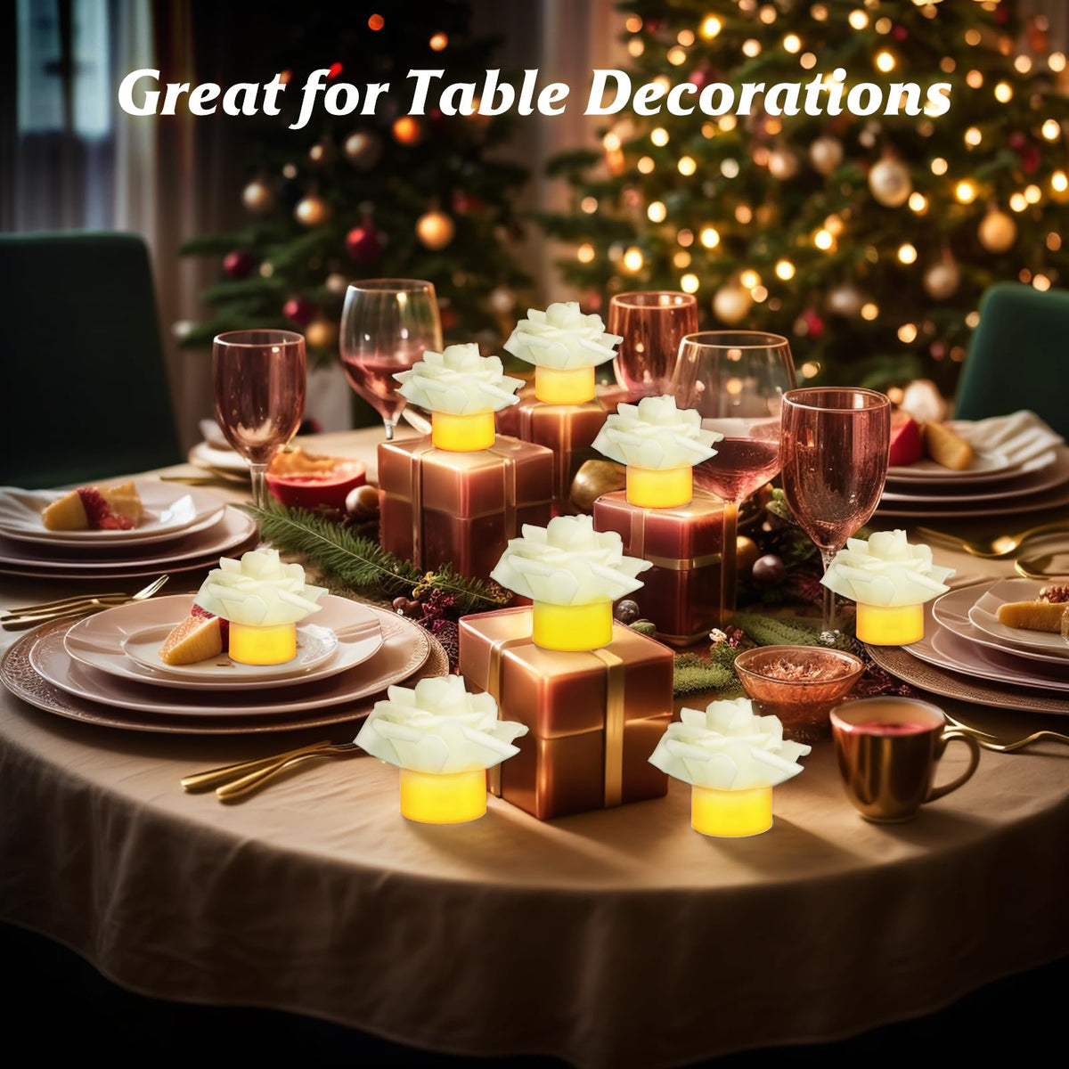 SupBri 12 Pack Led Candles with Artificial Flowers, 200+Hour Battery Operated Tea Lights Candles for Centerpiece Table, Party, Wedding Decorations(White)