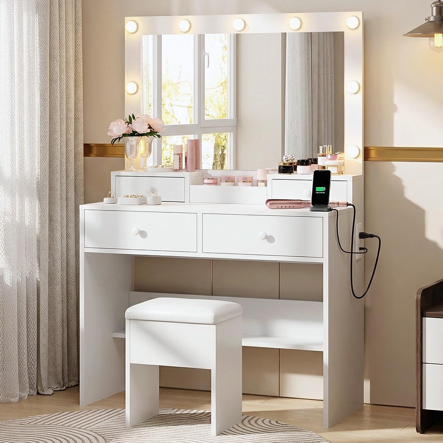 Haewon Vanity Desk with LED Lighted Mirror and Power Outlet, Makeup Vanity Table with 3 Lighting Modes, Vanity Desk Set with 4 Drawers and Storage Chair for Bedroom, White