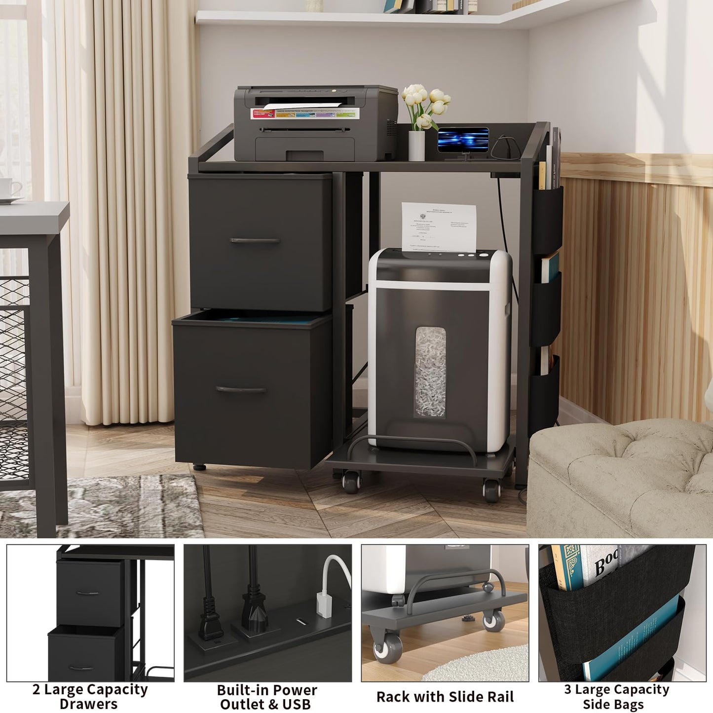 WODRAWER Printer Stand with Storage, Lateral Office Filing Cabinets with Power outlets & USB Charging Port, File Cabinet with Large Printer Stands for Home Office, Shredder Stand Rack (Black)