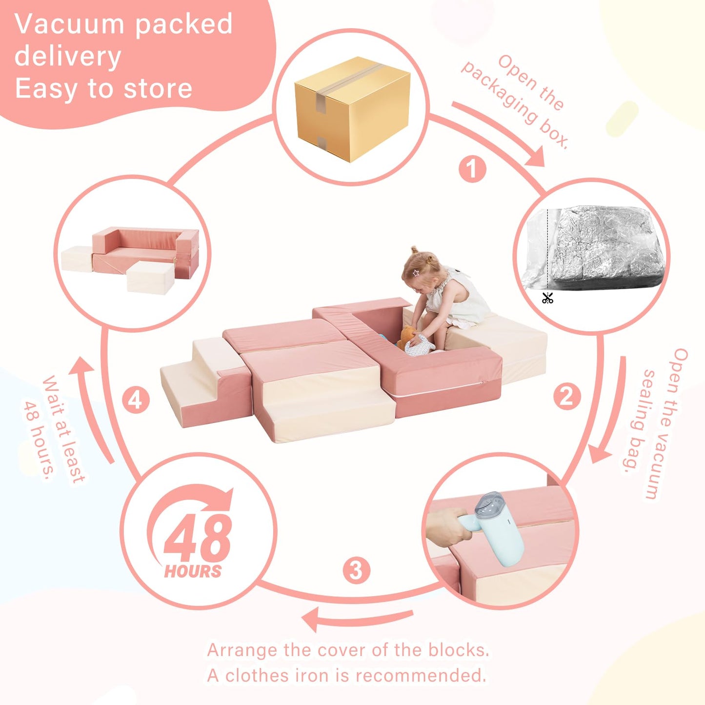HAHASOLE Kids Couch, Modular Toddler Couch for Playroom, Kids Sofa with Ottomans, Foam Play Blocks with Stair and Ramp, Convertible Plush Sofa, Removable Cover