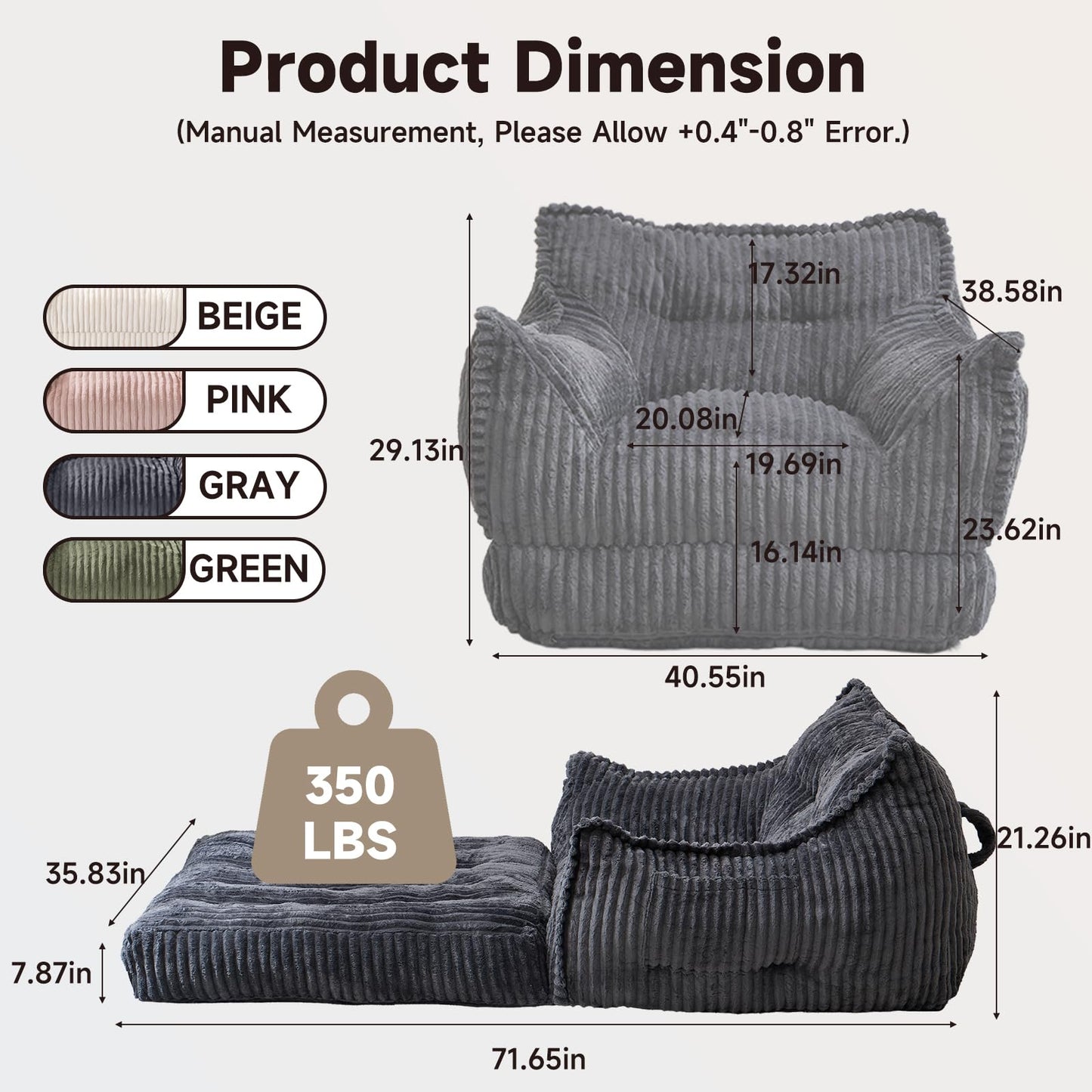 Manyday Convertible Sofa Bed, 2 in 1 Folding Sleeper Sofa to Lounger Comfy Single Bean Bag Chair for Adults, Floor Couch with Handle, Corduroy Couch Bed for Living Room Bedroom, Gray