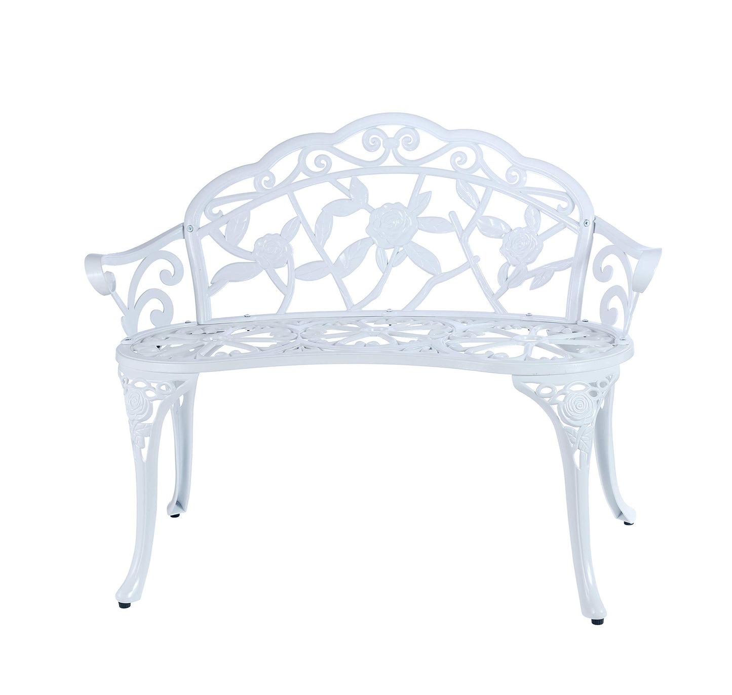 Mandolin Outdoor Park Garden Chair,All Chair Anti Rust Cast Aluminum Patio Yard Bench,Carved Rose Loveseat Bench for Backyard .Porch.Balcony.Lawn (White with Cushion)