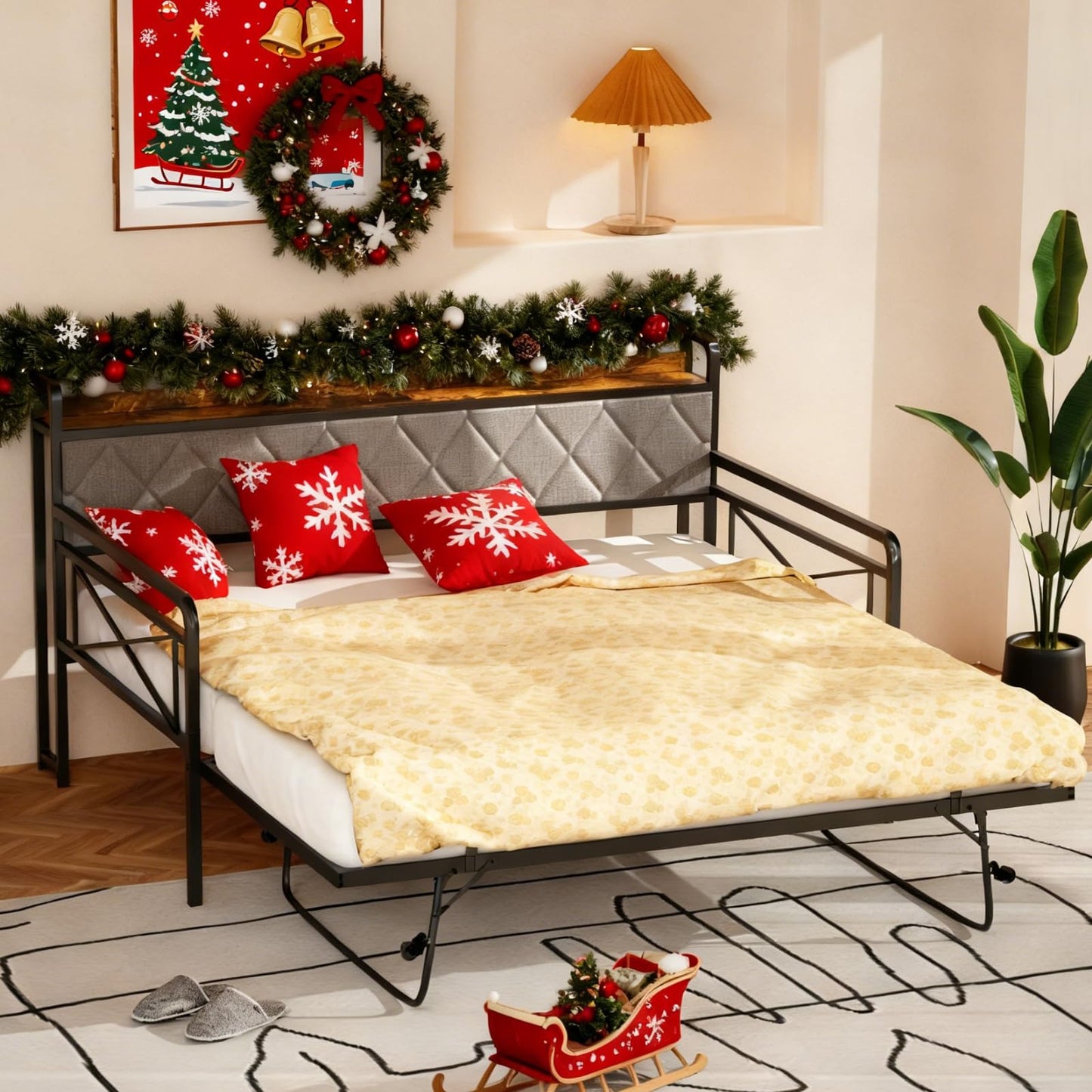 VINGLI Twin Daybed with Pop-up Trundle Bed, Day Bed with LED Light & Charing Station, Upholstered Bed Frame with Storage Headboard and Heavy Duty Metal Slats, Living Room, Bedroom, Guest Room, Gray
