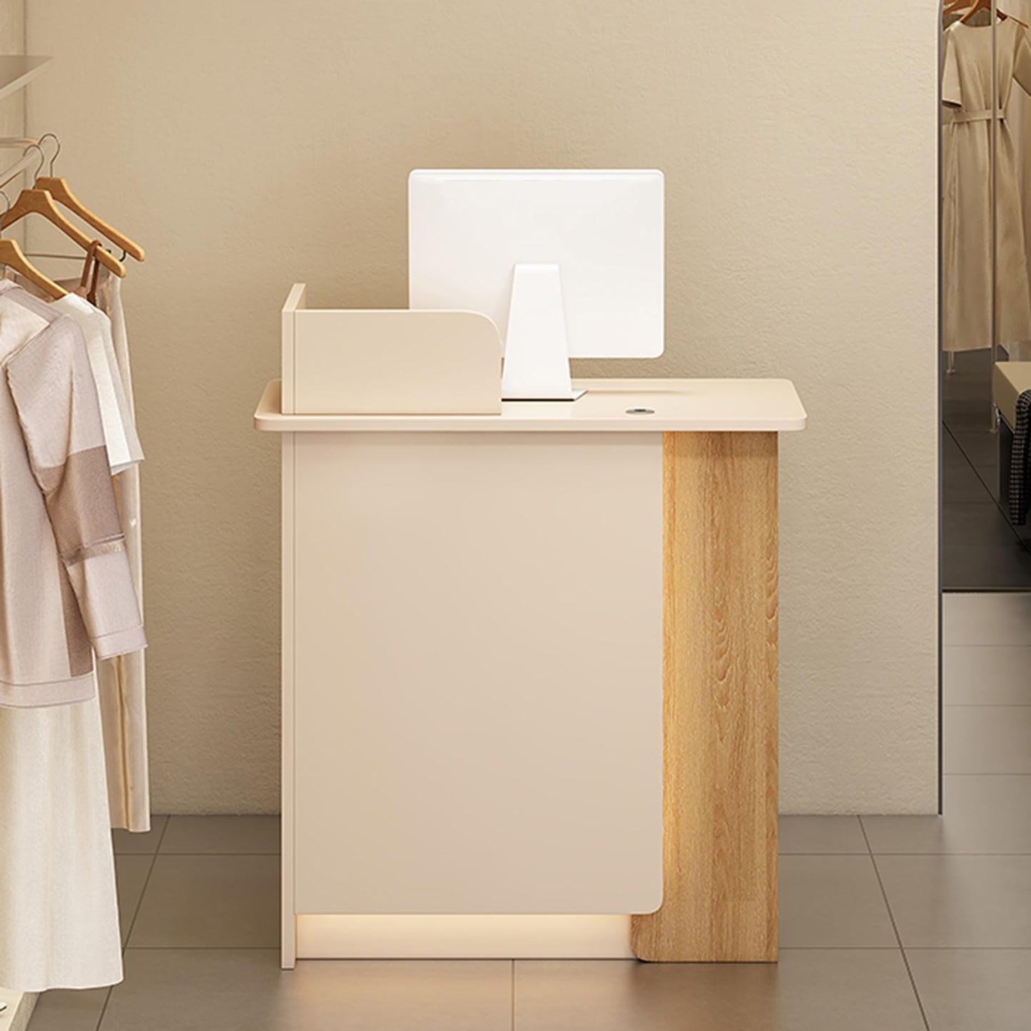 Modern Reception Desk with Lockable Drawers & Storage Cupboard, Reception Desk with Counter, Modern Front Desk for Hotels and Salons, Lockable Drawer, LED Lights, Small Retail Checkout Table
