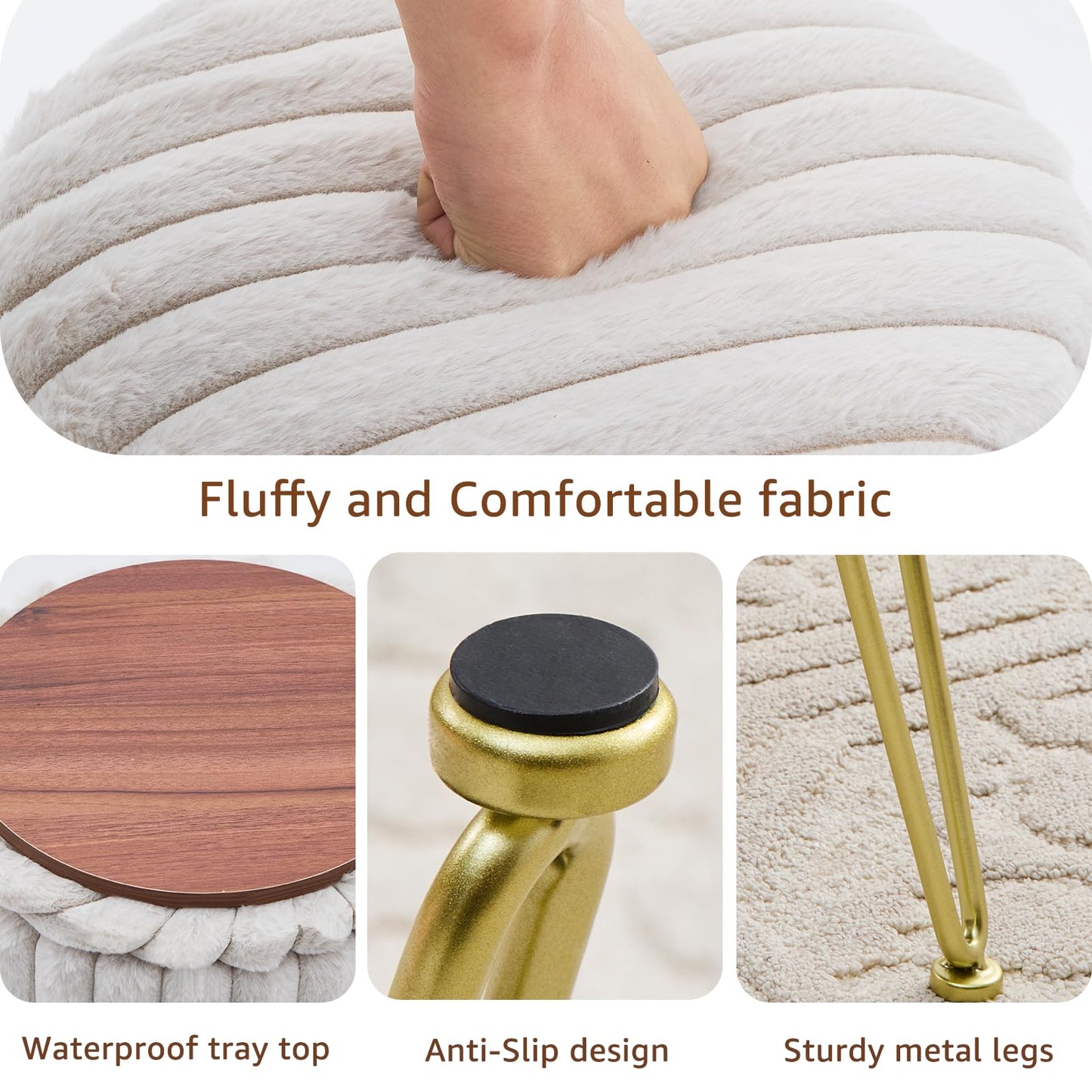 Wimarsbon Vanity Stool with Storage, Faux Fur Ottoman Chair with Metal Legs, Round Makeup Vanity Chair for Bedroom or Dressing Table, Modern Small Ottoman Seat (Light Grey)