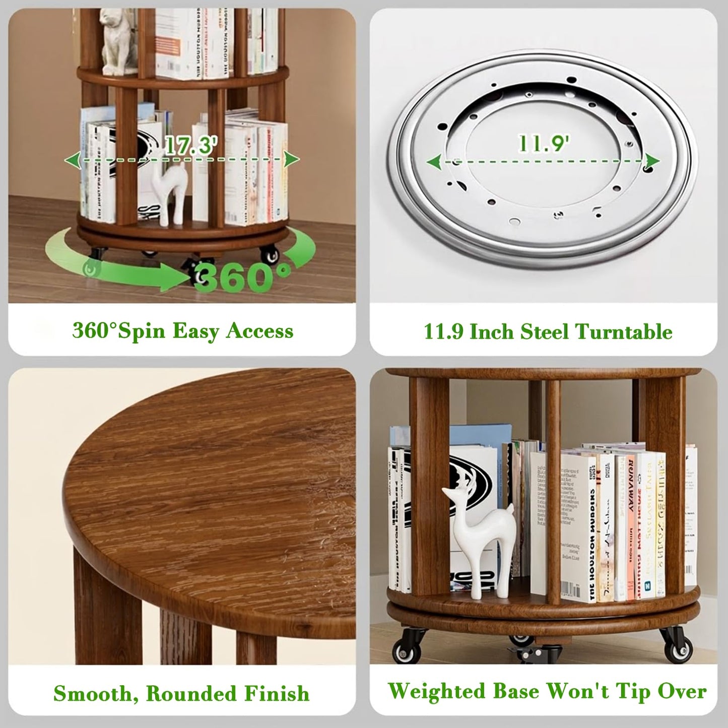 Azlafu 6 Tier Rotating Solid Wood Bookshelf, Corner Small Bookshelf Lazy Susan Organizer,Circular Rotating Spinning Bookshelf on Wheels, Revolving 360° Bookshelf for Small Spaces for Bedroom