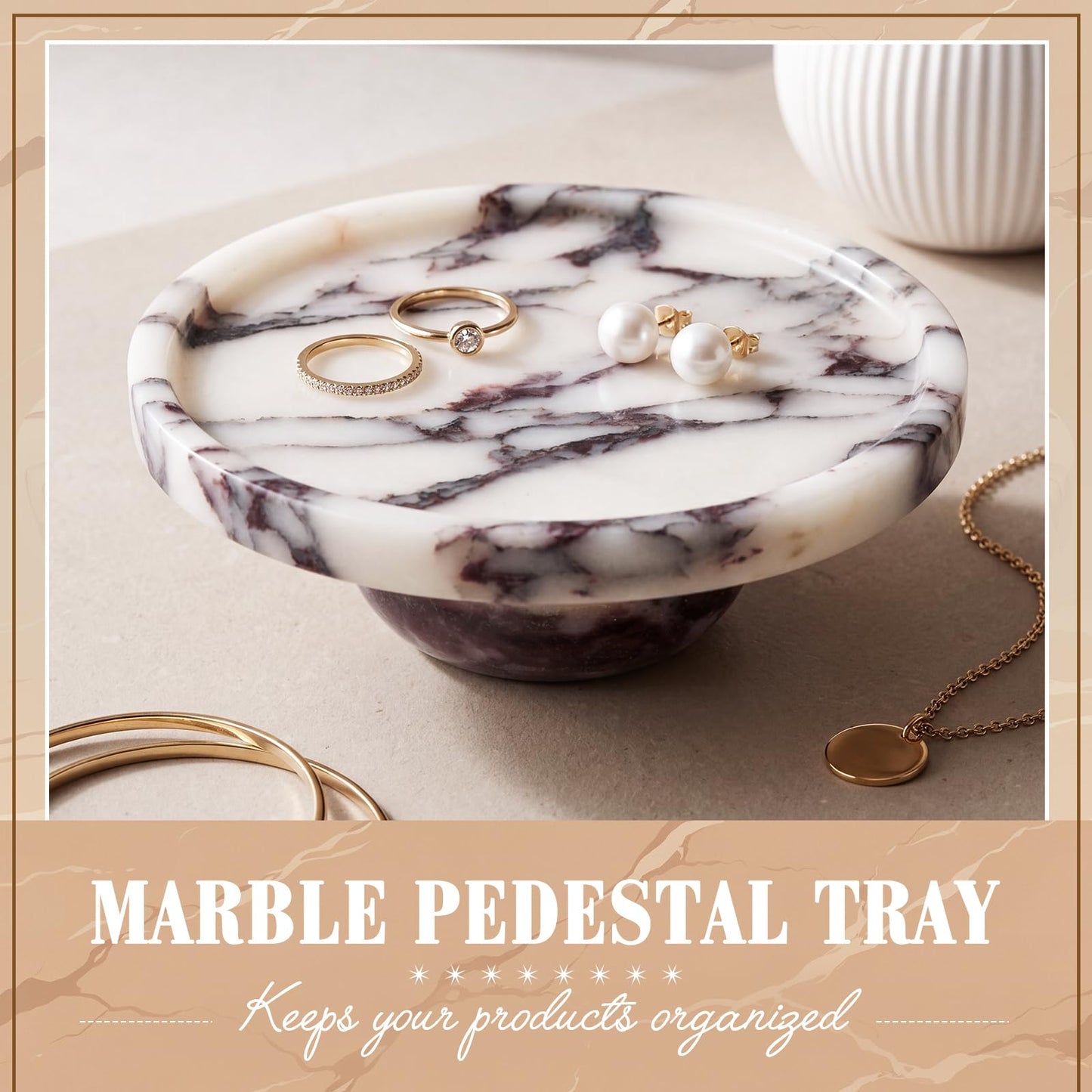 Ferrochef Natural Round Marble Tray with Legs, 7" Calacatta Viola Solid Marble Pedestal Tray Decorative for Bathroom Vanity, Kitchen Counter, Jewelry, Perfume and Candle Display