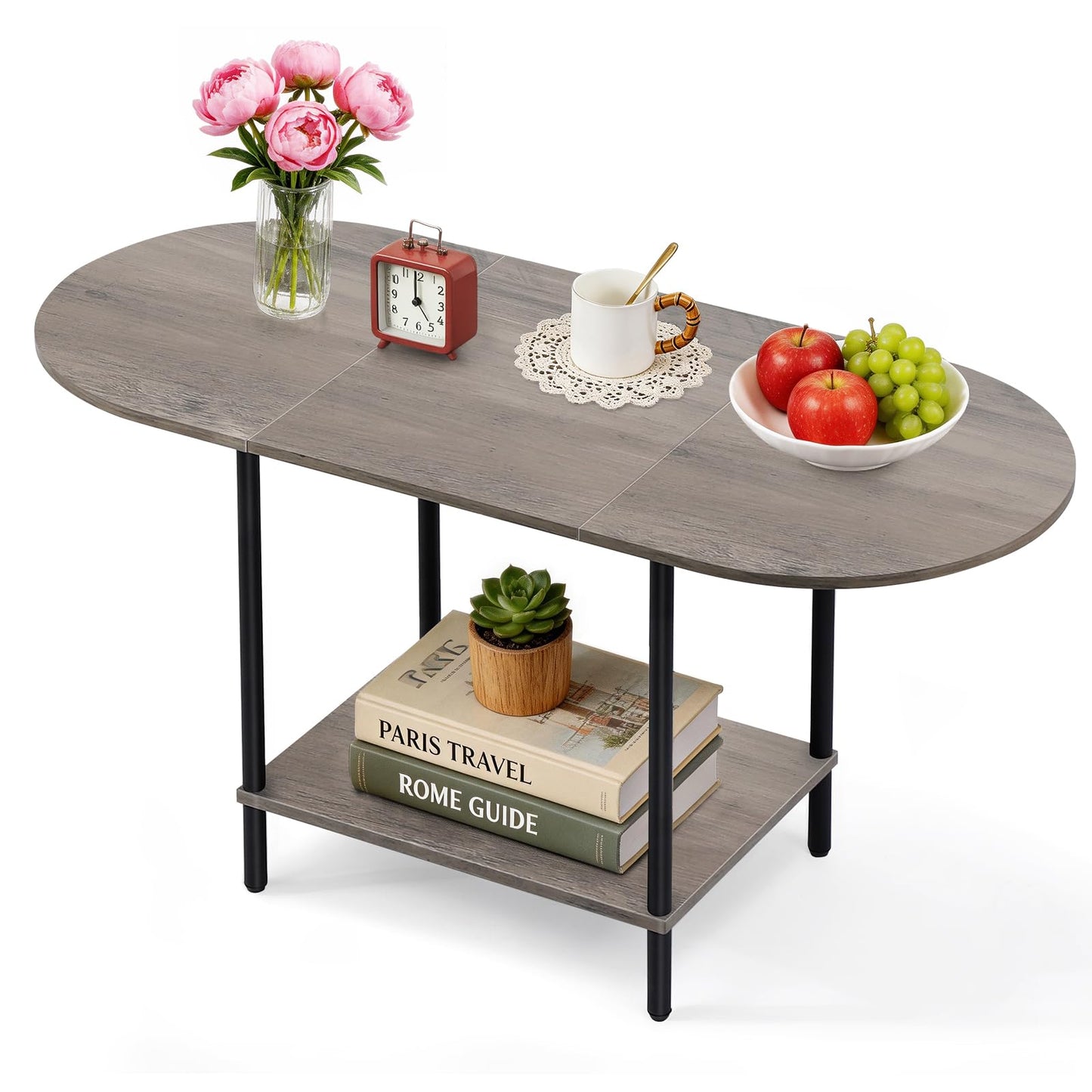 Small Coffee Table,35.4'' Oval Coffee Table with Storage Shelf & Metal Frame,Low Cocktail Tea Accent Table for Apartment,Modern Mid Century Small Living Room Table,Rustic Grey