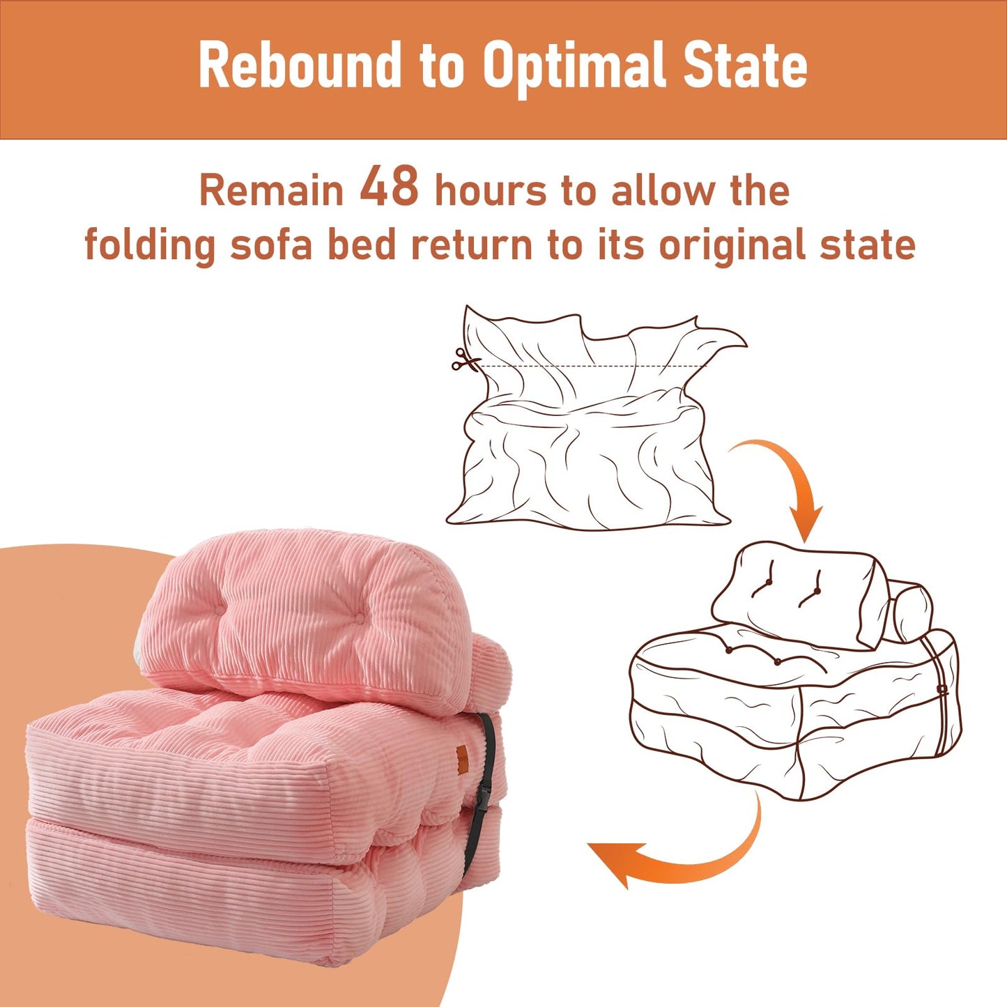 Vellorise Folding Sofa Bed, Convertible Sleeper Chair with Back Support and Pillow Futon,Boneless Foldable Couch for Living Room/Guest Use/Home Office, Foldable Chair Bed for Adults, Pink