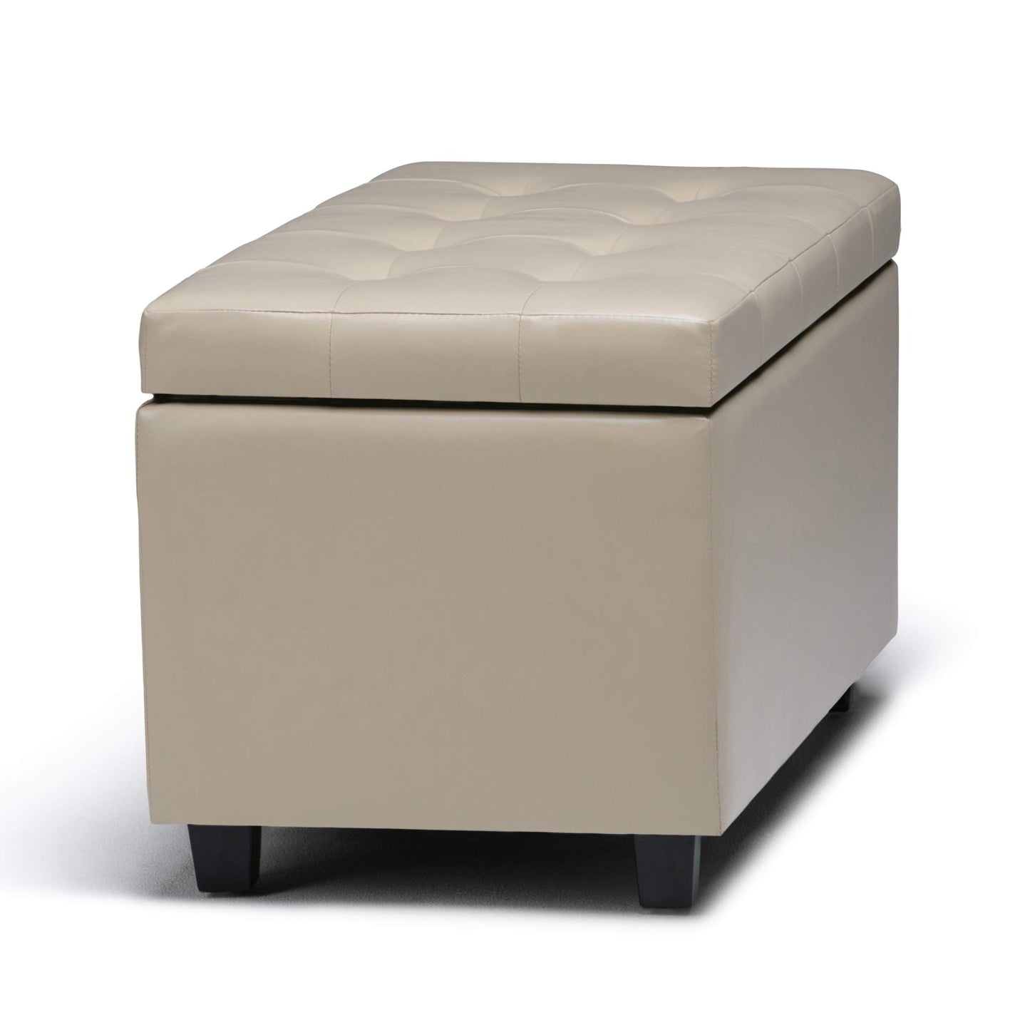 SIMPLIHOME Cosmopolitan Storage Ottoman - 34 inch Wide Upholstered Vegan Leather Rectangle Storage Ottoman Bench in Satin Cream, Transitional Tufted Ottoman for Living Room with Lift-Up Lid