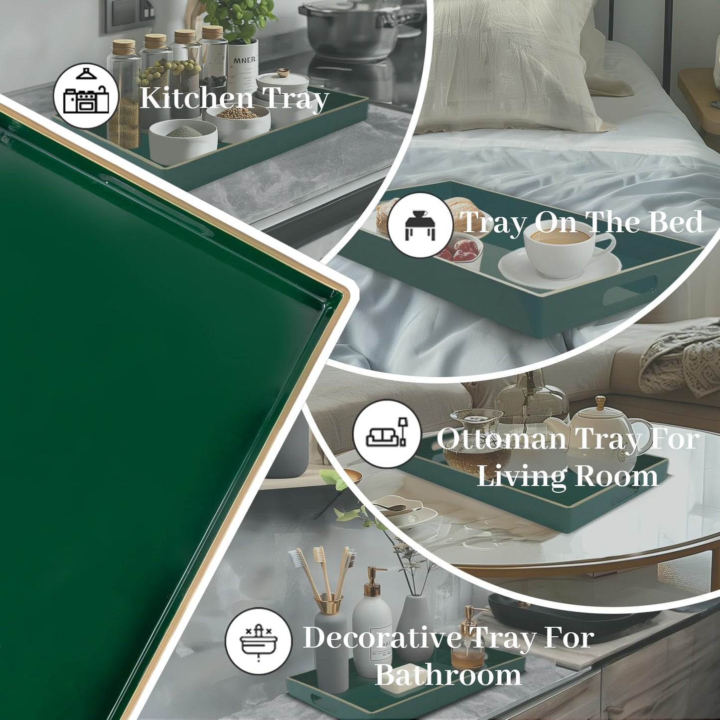 MAONAME Dark Green Decorative Tray, Serving Tray with Handles, Plastic Trays for Coffee Table, Rectangular Trays for Living Room, Bedroom, 15.8" X 10.2" X 1.4"