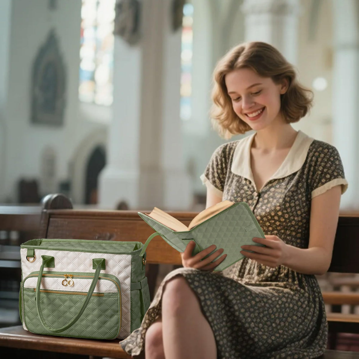 Large Bible Bag with Bible Cover Case for Women,Church Tote Bag Travel Bag Diaper Bag with Shoulder Strap for Teachers, Nurses, Moms, Bible Lovers(Green)