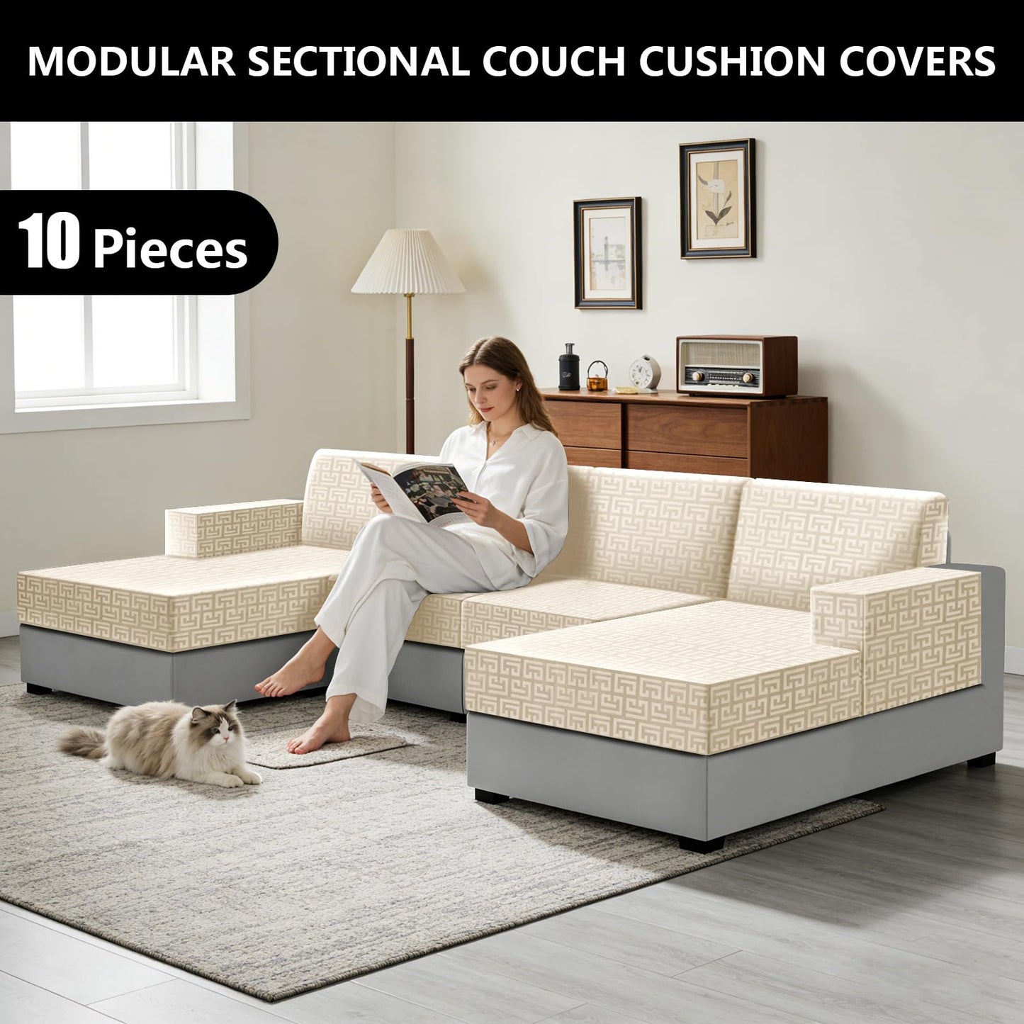 UNBBRRL 10 Pieces Stretch Sofa Cushion Covers for U-Shaped Modular Sectional Couch with 4 Seats+4 Backs+2 Arms, Upholstered Covers for Sofa Bed with Deep Double Chaise (Beige,10 Pieces Set)