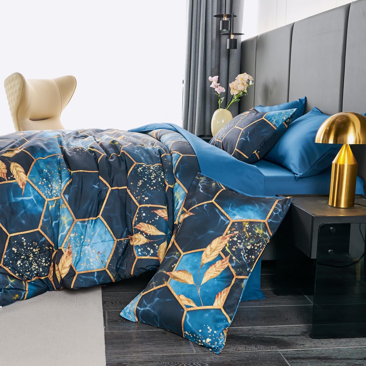 ZRNBAST 7 Pieces King Comforter Set with Sheets Drak Blue Geometric Honeycomb Bed Set Lightweight Gold Trim Print Marble King Size Quilt Set for Women Men(Royal Blue, King)