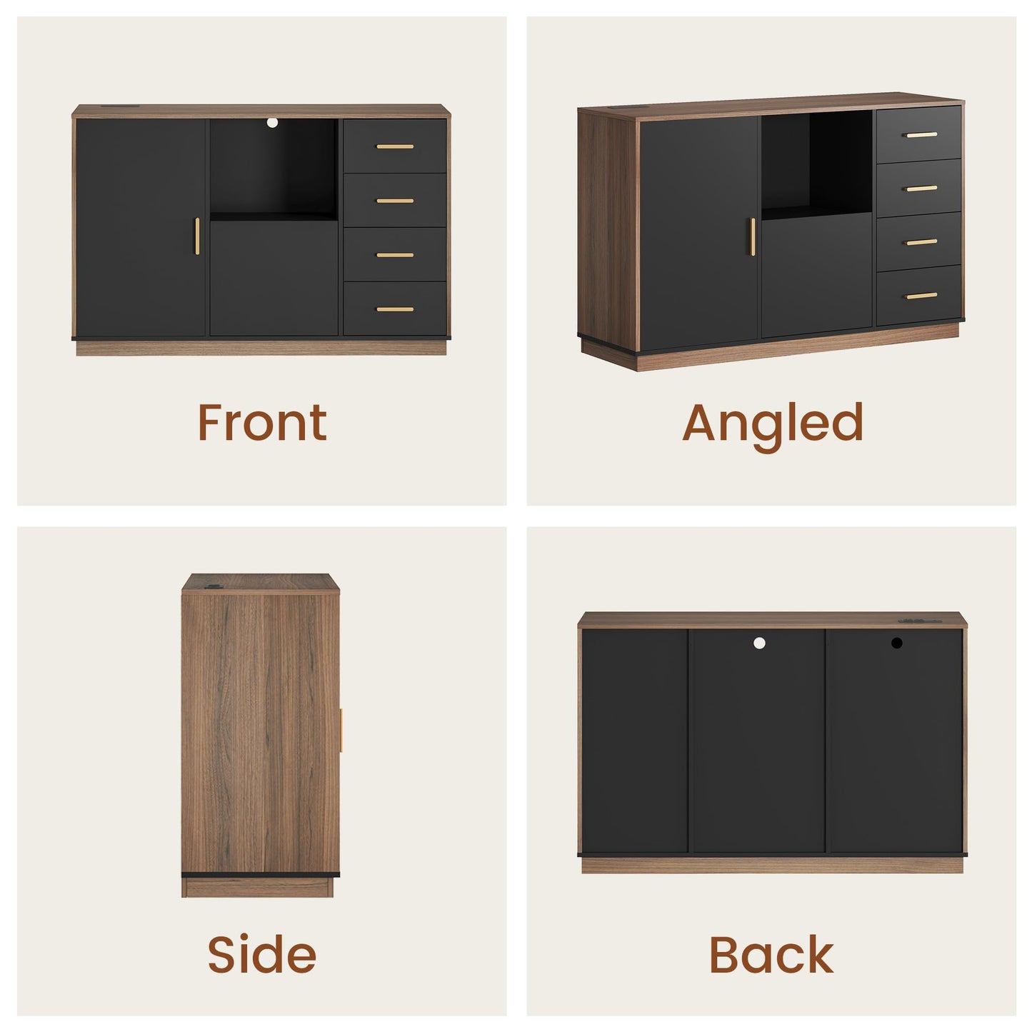 ModernMate File Cabinet with 5 Drawer & Charging Station, 47.2" Office Storage Cabinet with Door & Adjustable Shelves, Printer Stand with Open Shelf for Home Office, Fits A4/Letter Size, Black Walnut