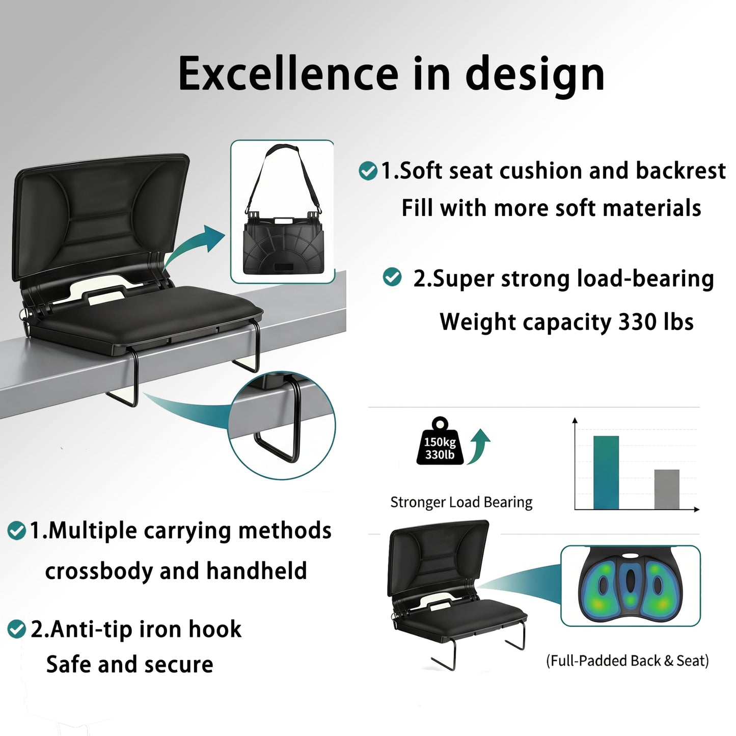 Enkarsen Stadium Seats for Bleachers with Back Support, 2-in-1 Ergonomic Office Desk Chair Cushion & Padded Bleacher Seat, Auto-Adjusting Lumbar Support Flex Back, Lightweight Sports Bench Chair