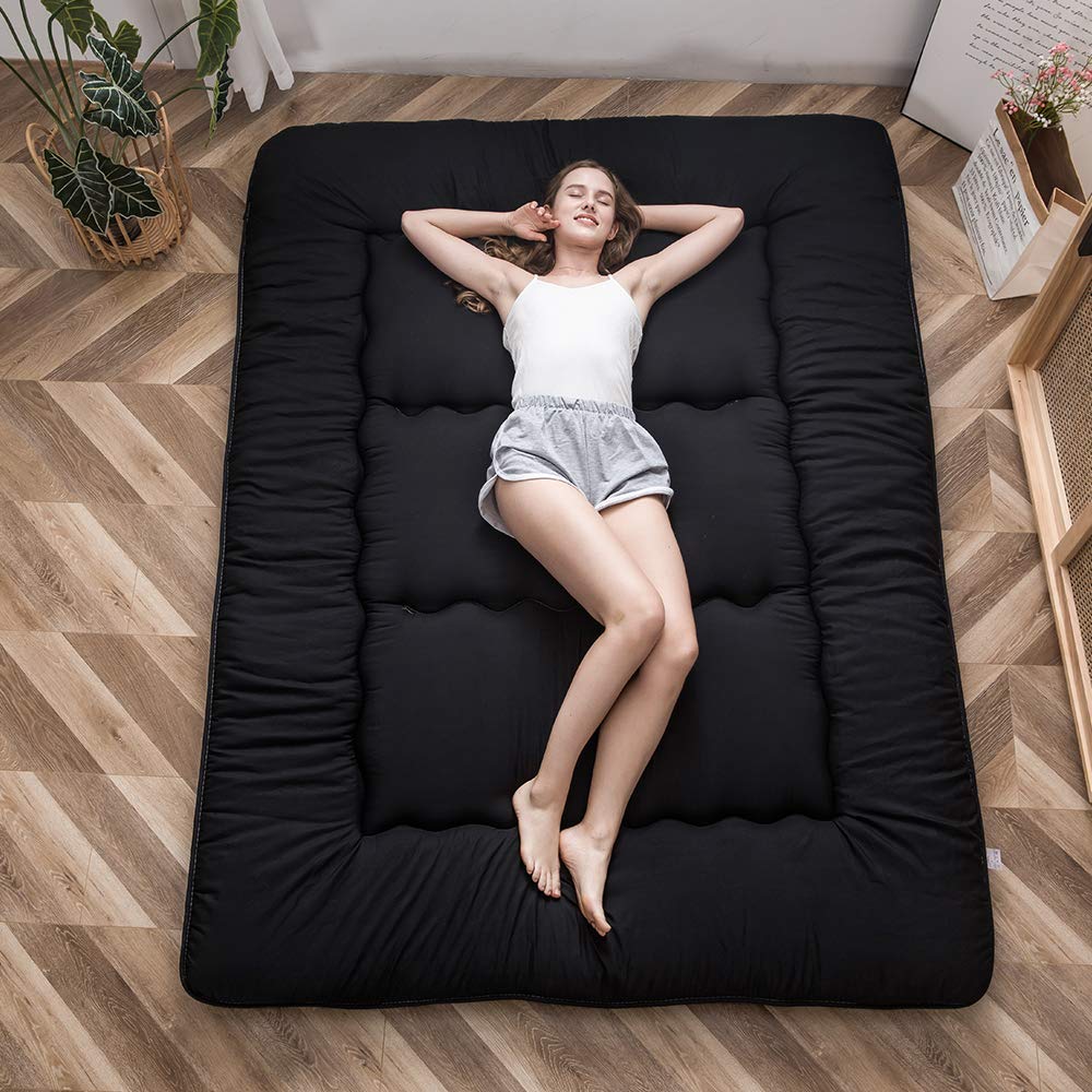 MAXYOYO Japanese Floor Mattress Futon Mattress, 4" Thicken Tatami Mat Sleeping Pad Foldable Roll Up Mat Boys Girls Dormitory Pad Kids Floor Lounger, Black, Twin Size