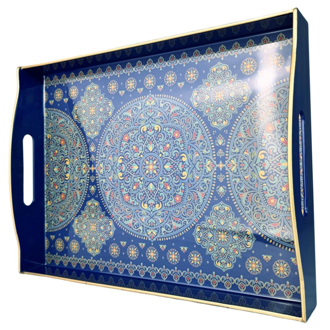 Umisriro Boho Blue Decorative Tray, Serving Tray with Handles, Plastic Tray for Coffee Table, Ottoman - Ideal for Living Room & Bathroom. 15” x 11” x 2.5”
