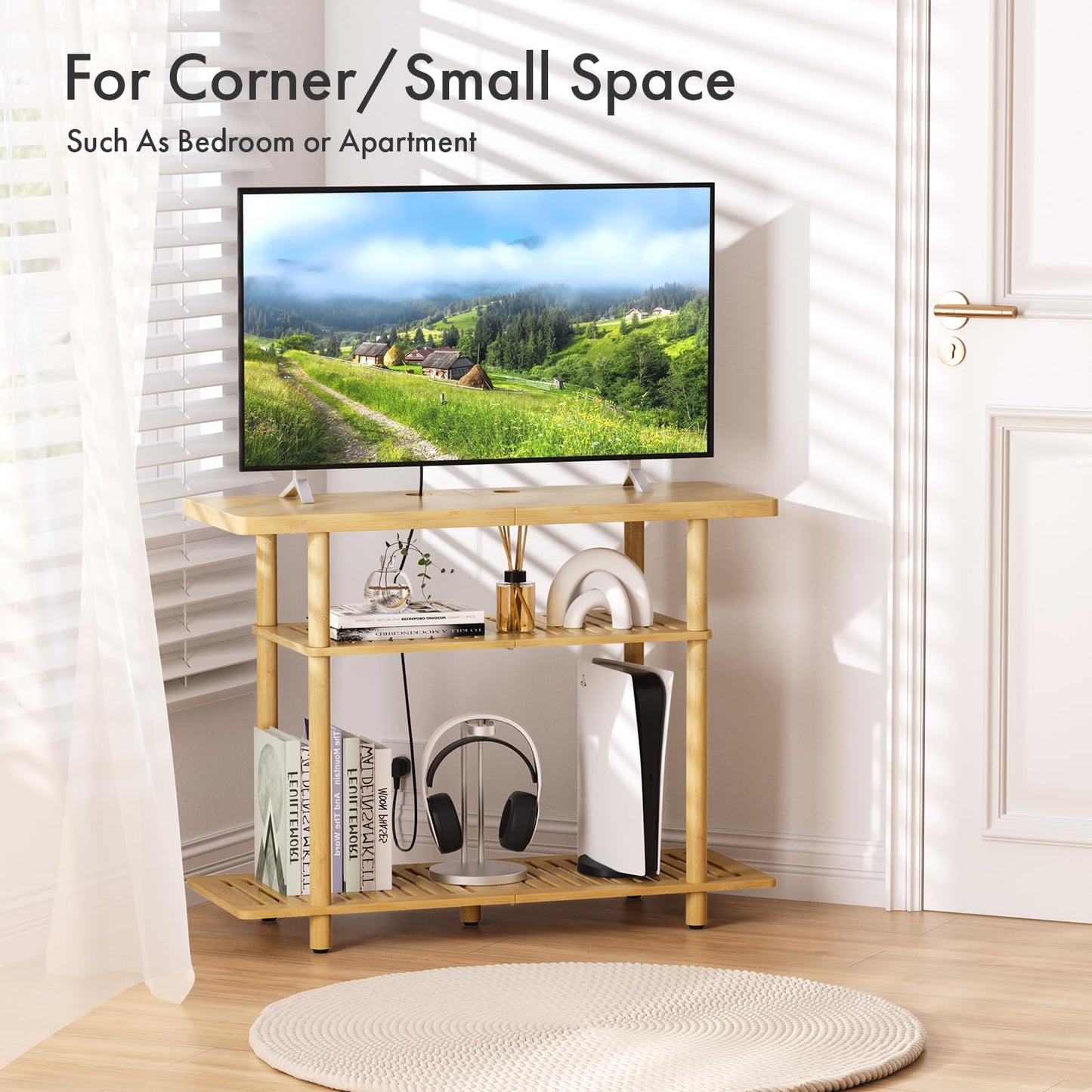 Atoping Bamboo TV Stand, Small TV Stands for up to 32 Inch, 3-Tier Entertainment Center TV Shelf with Storage, Sturdy Corner TV Stand for Small Spaces, 31.5 x 24.2 x 11.8 inches