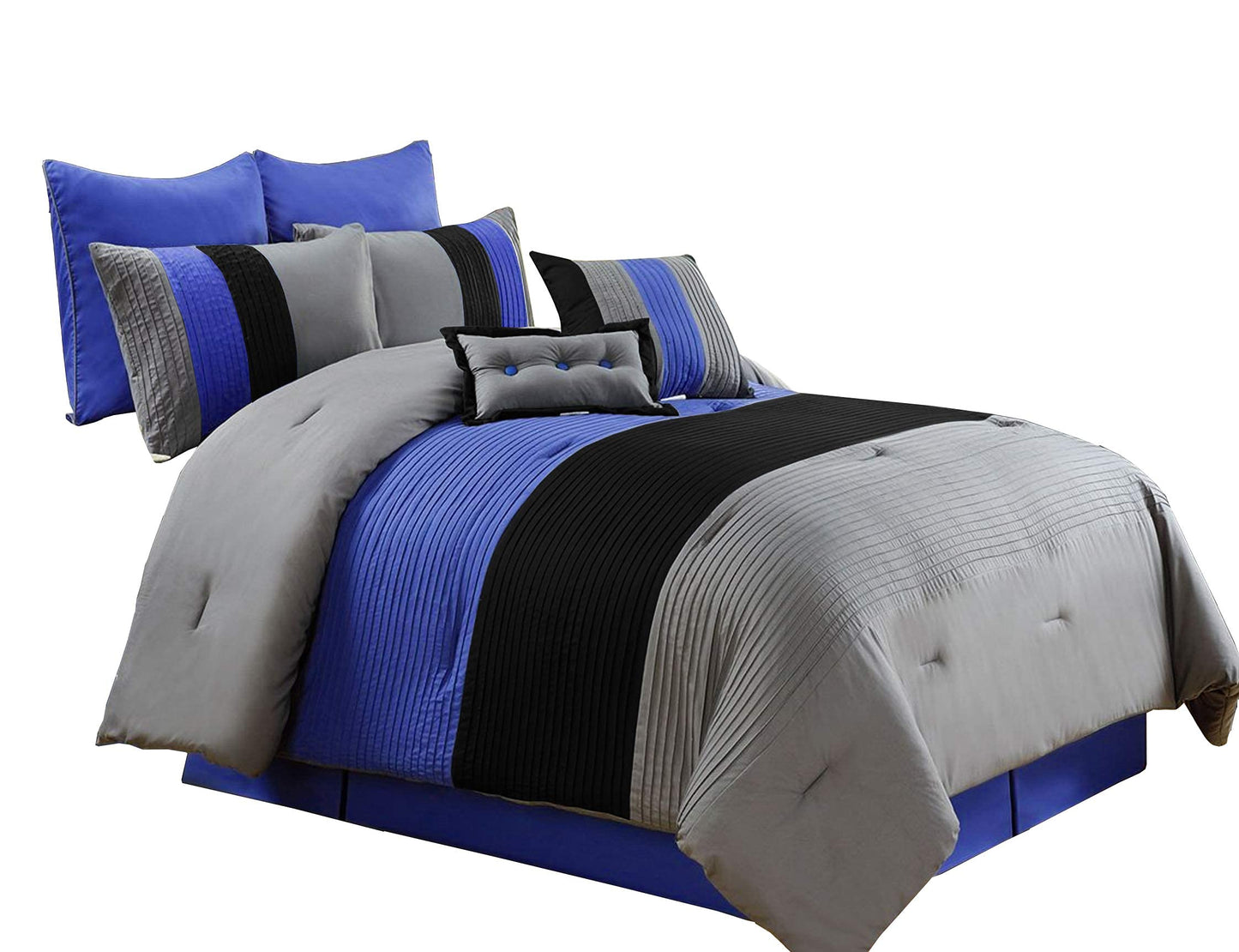 Chezmoi Collection 8 Pieces Luxury Striped Comforter Set (Full, Gray/Black/Blue)