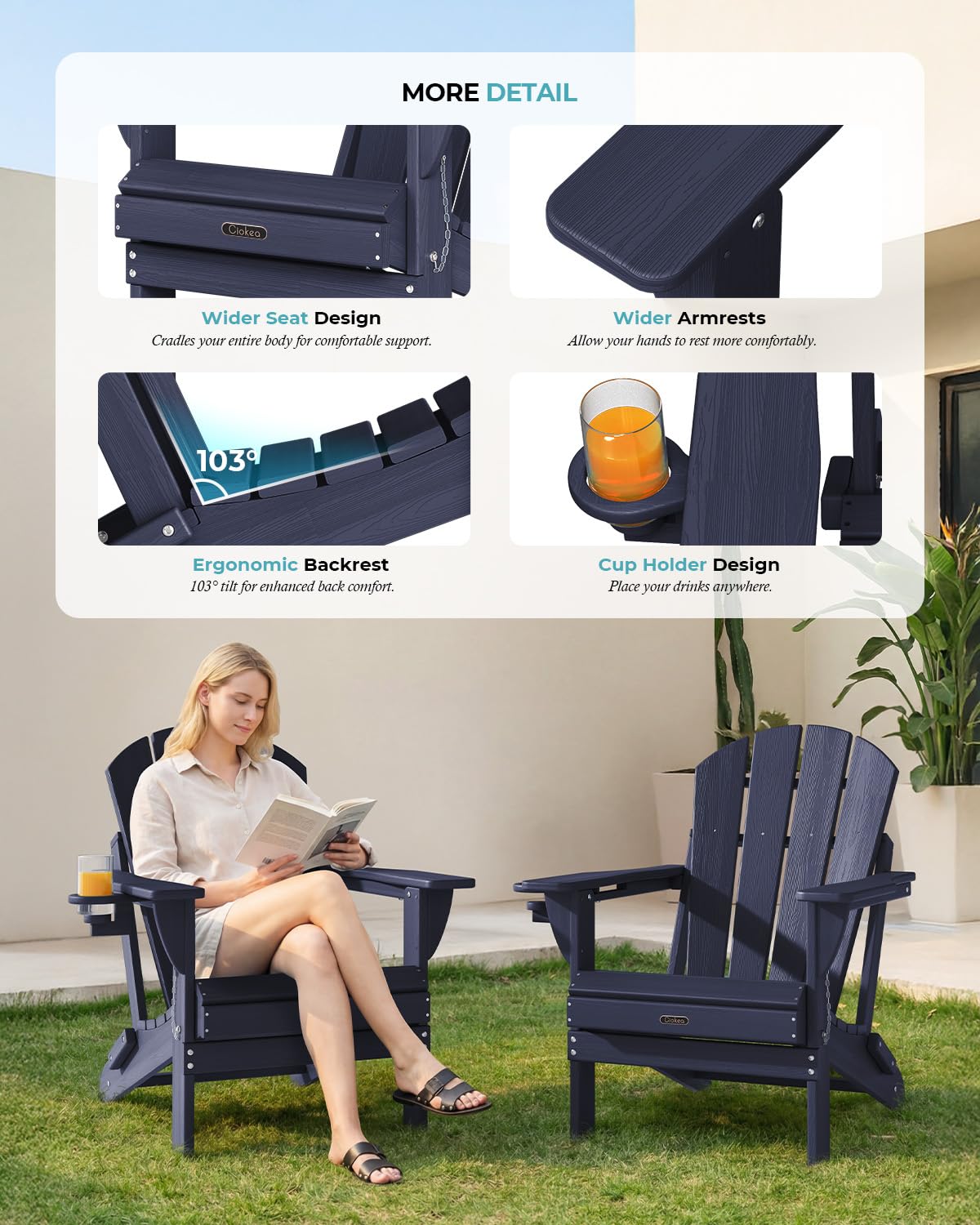Ciokea Folding Adirondack Chair Wood Texture, Patio Adirondack Chair Weather Resistant, Plastic Fire Pit Chair with Cup Holder, Lawn Chair for Outdoor Porch Garden Backyard Deck, Blue