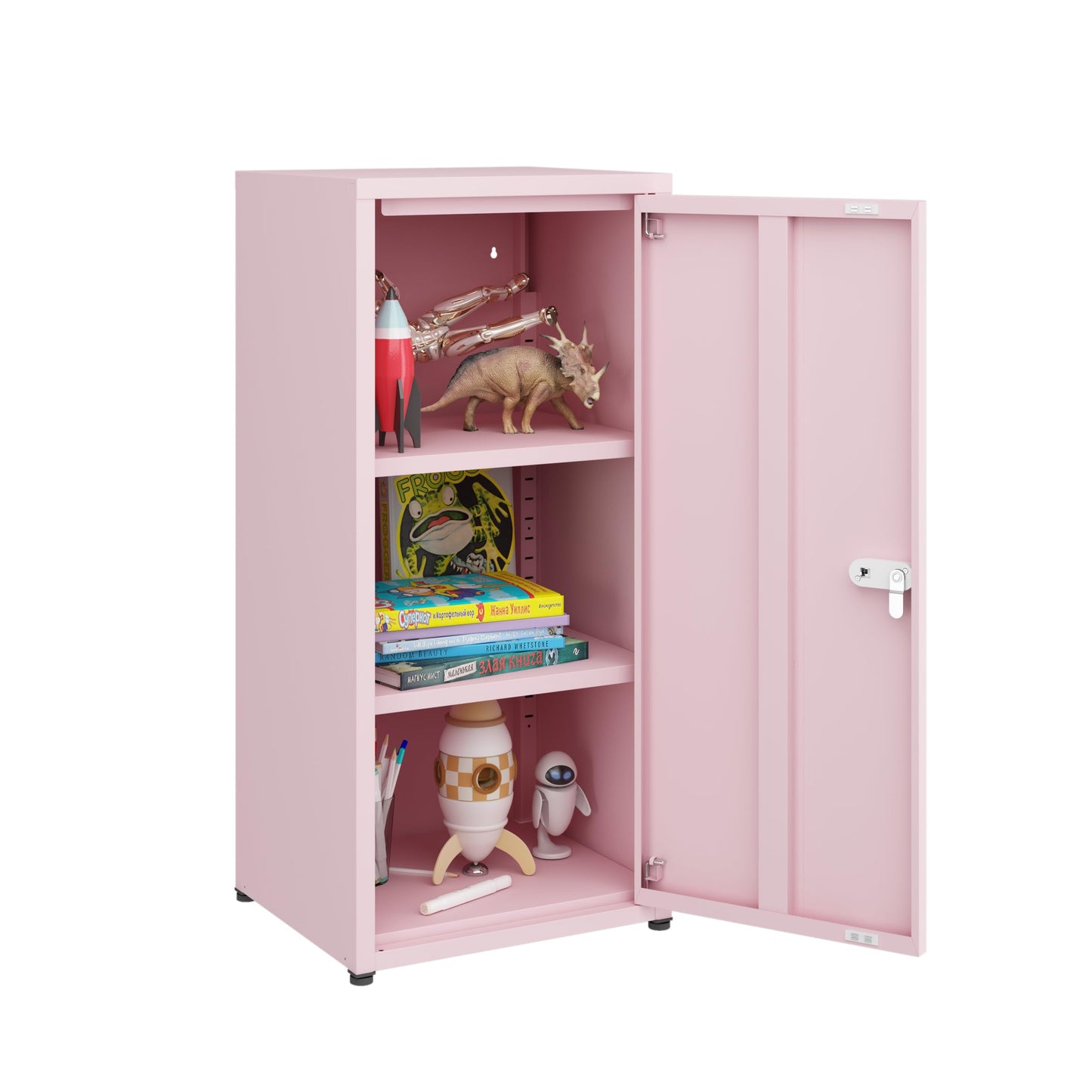MIOCASA Metal Storage Cabinet with Lock, 3 Adjustable Shelves Single Door Steel Locker for Home, Office & Garage (Pink)