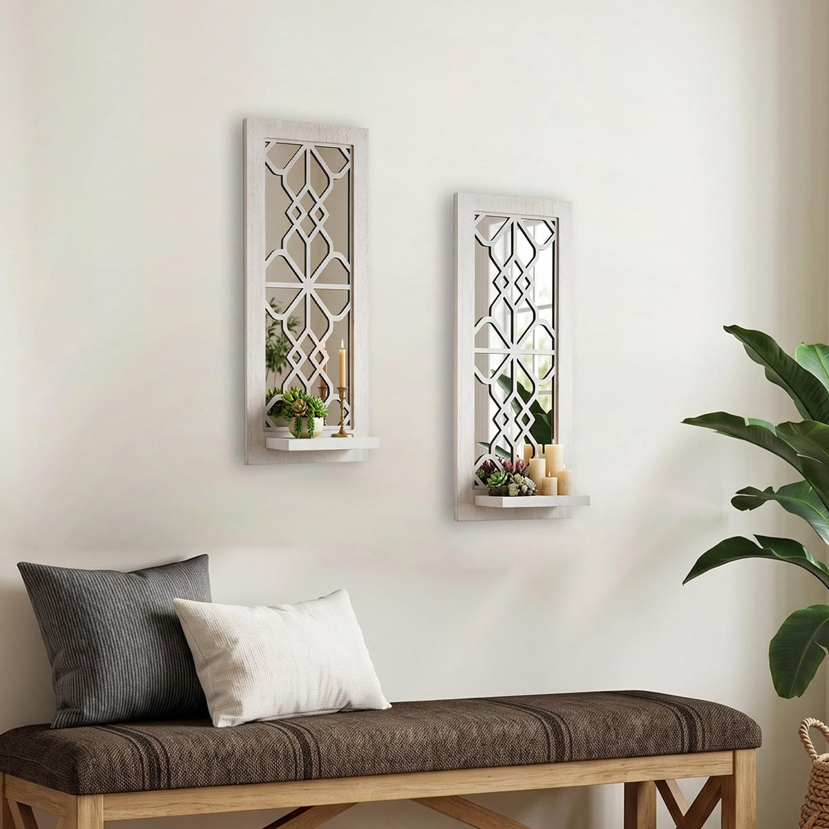 ZEXUIRU 2 Set Rustic Candle Sconces Living Room Bedroom Entryway Wood Mirrored, Farmhouse, Carved Frame Wall-Mount Wooden Candle Holders Wall Decor Hanging Handmade Holder - Distressed White