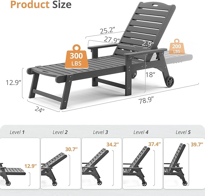 LUE BONA Lounge Chair Outdoor Set of 2, HDPS Chaise Lounge Outdoor