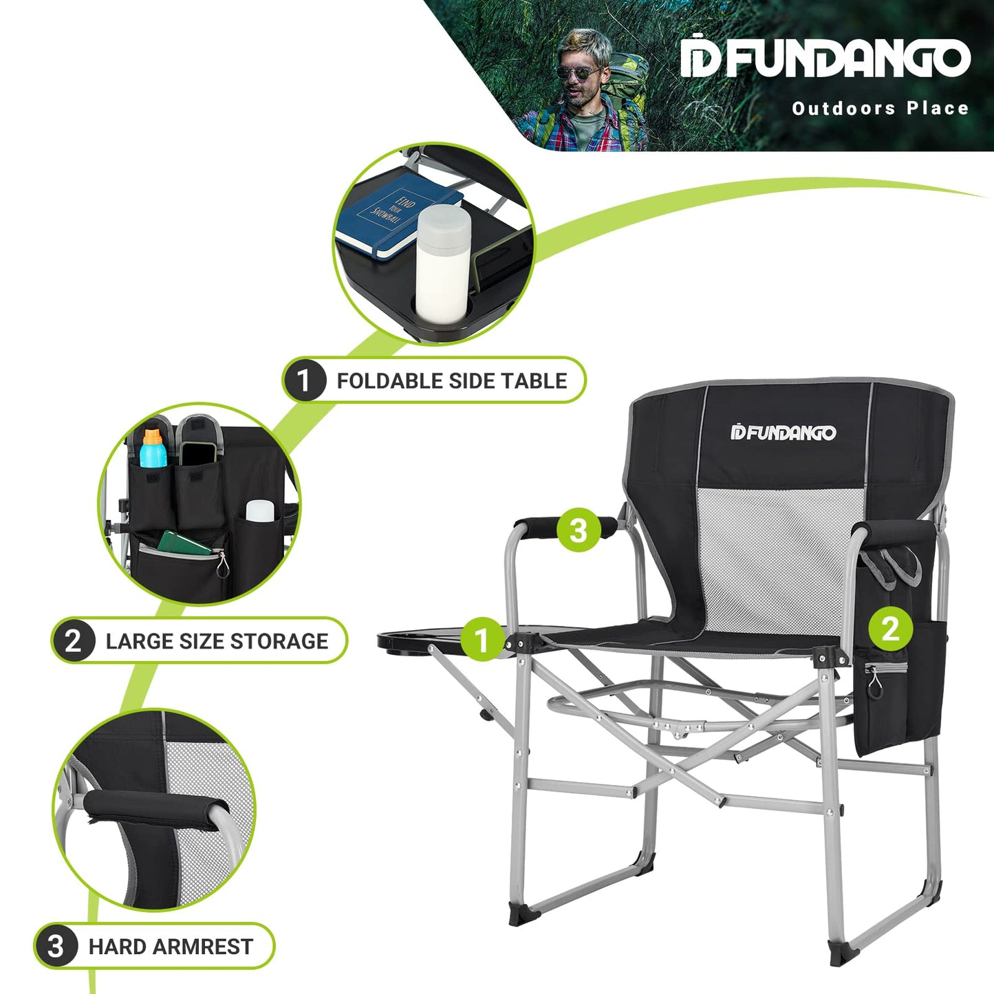 FUNDANGO Camping Chair with Side Table (2 Pack), Folding Lawn Director Chair with Side Bags, Portable Chair for Beach Fishing Picnic Lawn Outdoor