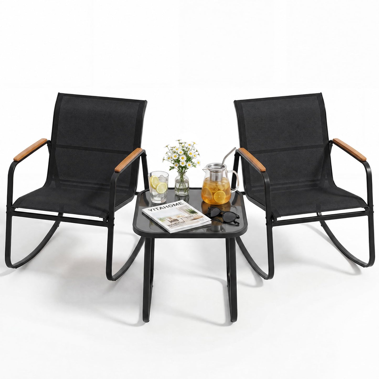 YITAHOME Rocking Patio Furniture Set 3 Piece, Durable Textilene Patio Set w/Wooden Armrest Rocking Chairs & Tempered Glass Table, All Weather for Indoor Outdoor Patio Lawn Garden Poolside, Dark Gray