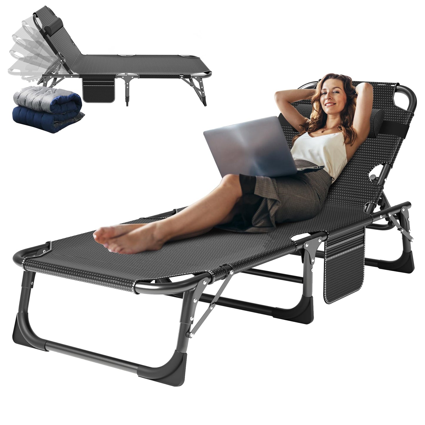 ABORON 3-in-1 Folding Lounge Chair with Padded Cushion, 440LB Heavy-Duty 3-Fold Adjustable Recliner & Guest Bed, No Assembly Portable Chaise Lounge for Patio, Poolside, Office Nap & Camping