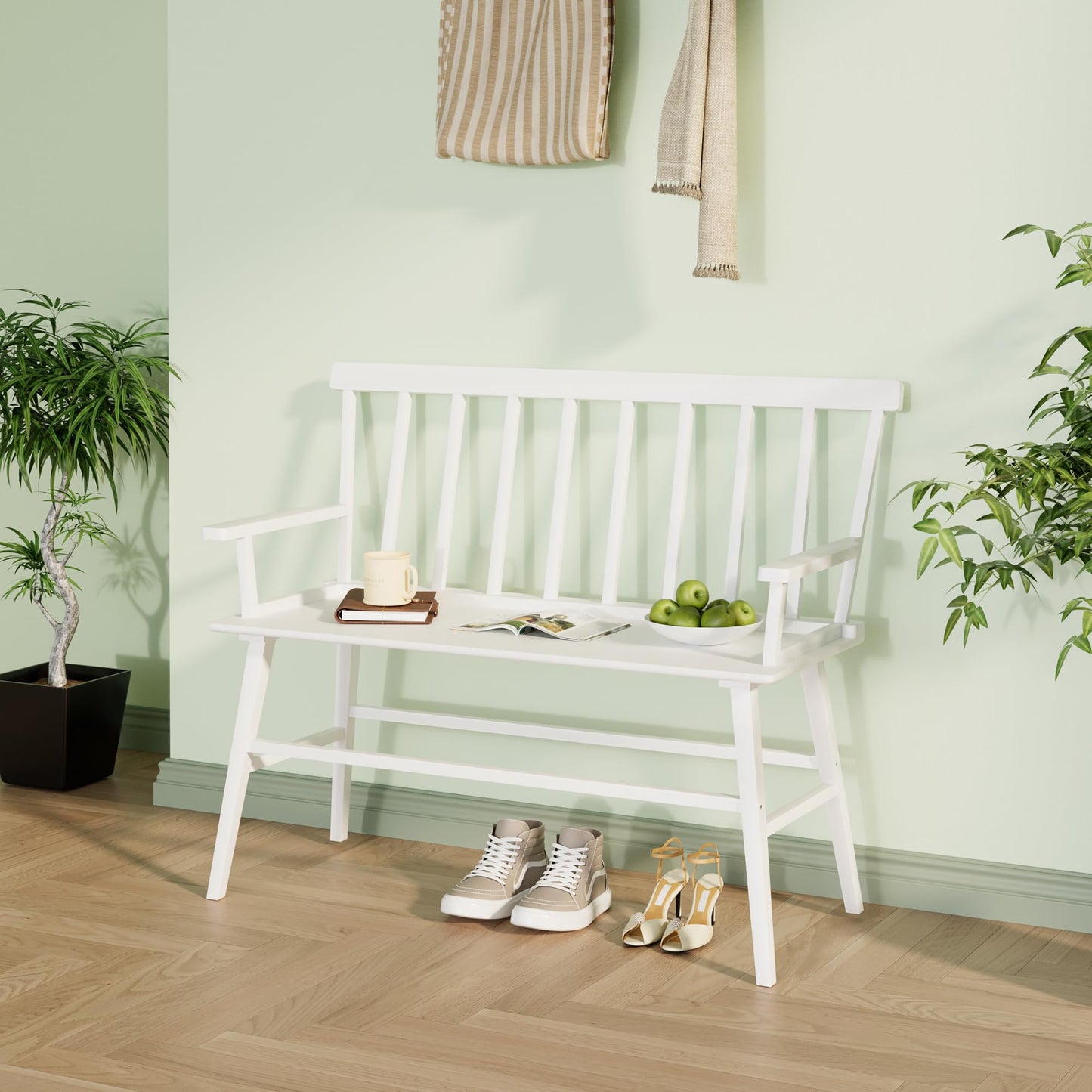 Wisuce Essentials Bamboo Dining Bench, Entryway Bench with Spindle Back Farmhouse Wood Windsor for Foyer Balcony Living Room (White)