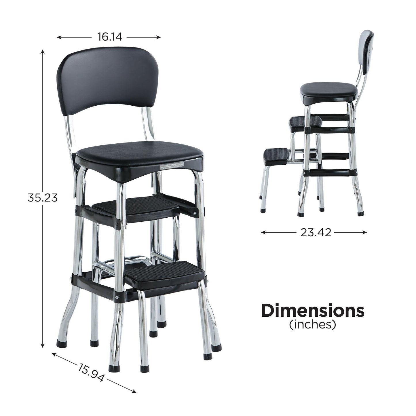 COSCO Retro Plastic & Vinyl Upholstered Stylair Retro Counter Height Chair with Step Stool, Comfortable Cushioned Seat and Back, in Black & Chrome Finish